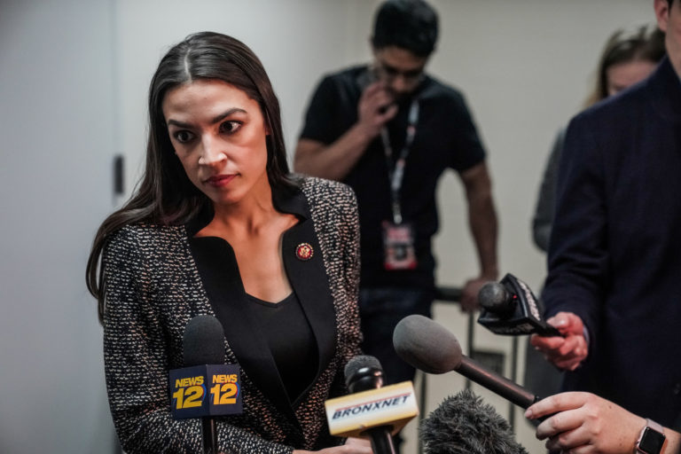 U.S. Representative Alexandria Ocasio-Cortez (D-NY) speaks to reporters after finishing a televised town hall event in New York