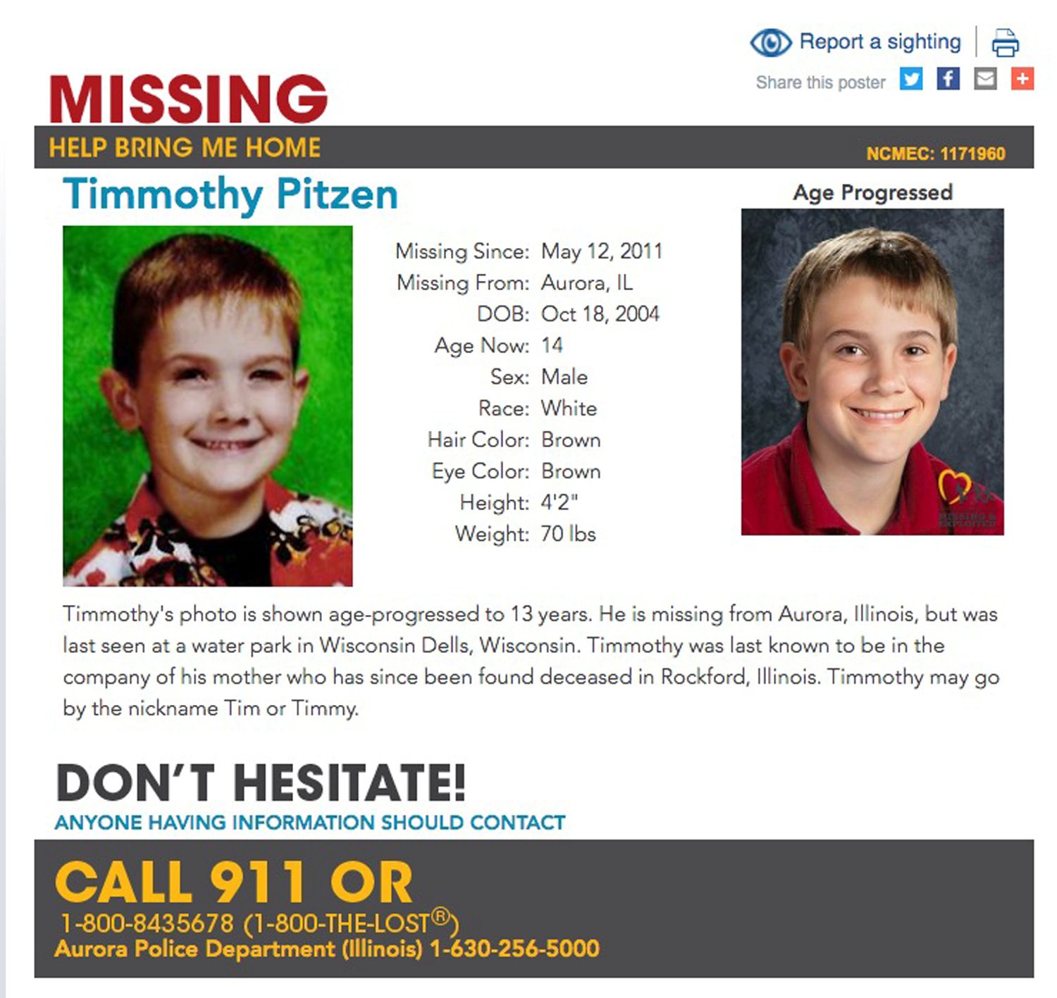Timmothy Pitzen, missing since May 12, 2011, is shown in both an undated photo and a rendition of what he may look like at age 13 on a poster obtained by Reuters April 4, 2019. National Center for Missing & Exploited Children/Handout via REUTERS