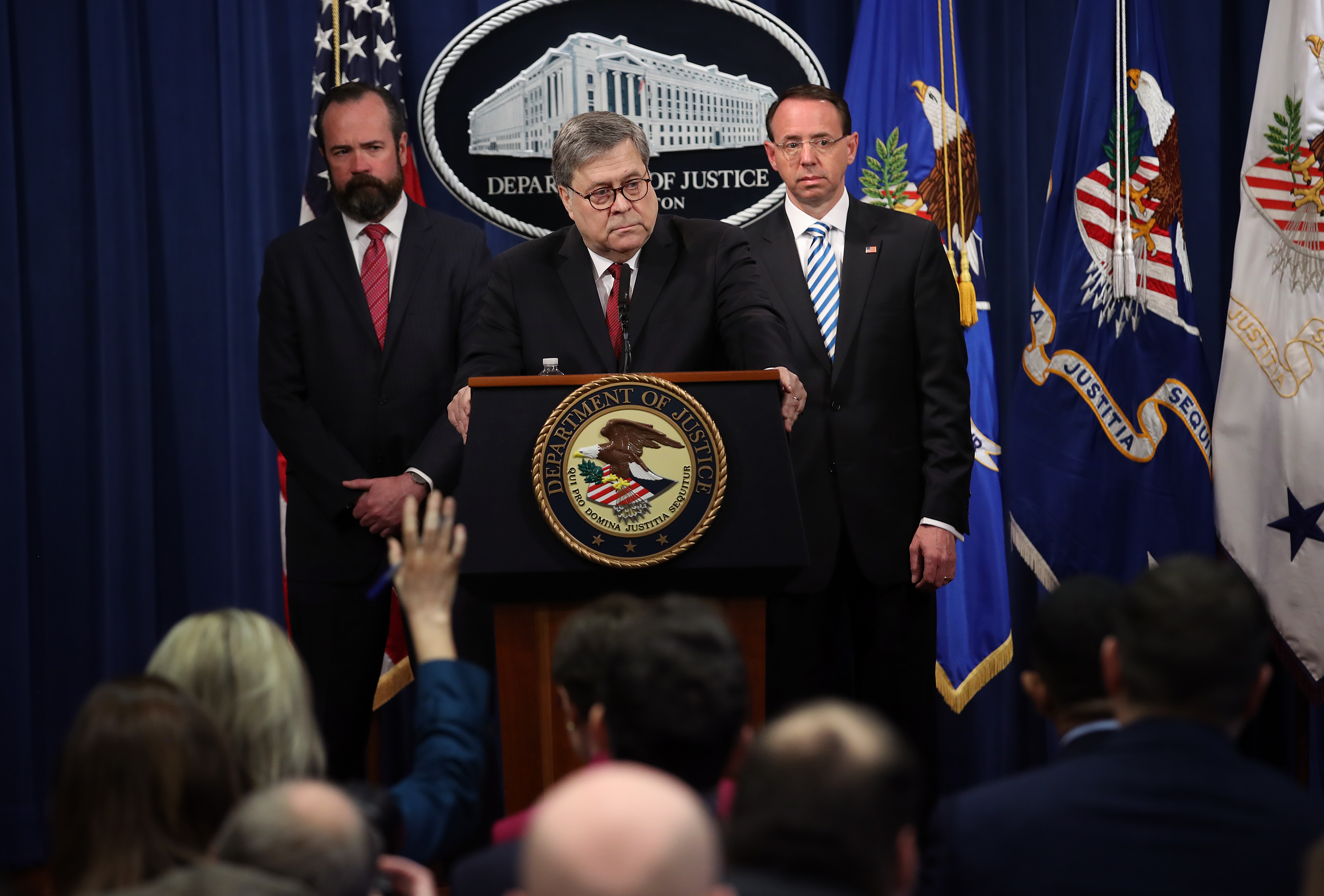 Attorney General William Barr takes questions about the release of the redacted version of the Mueller Report at the Department of Justice. (Win McNamee/Getty Images)