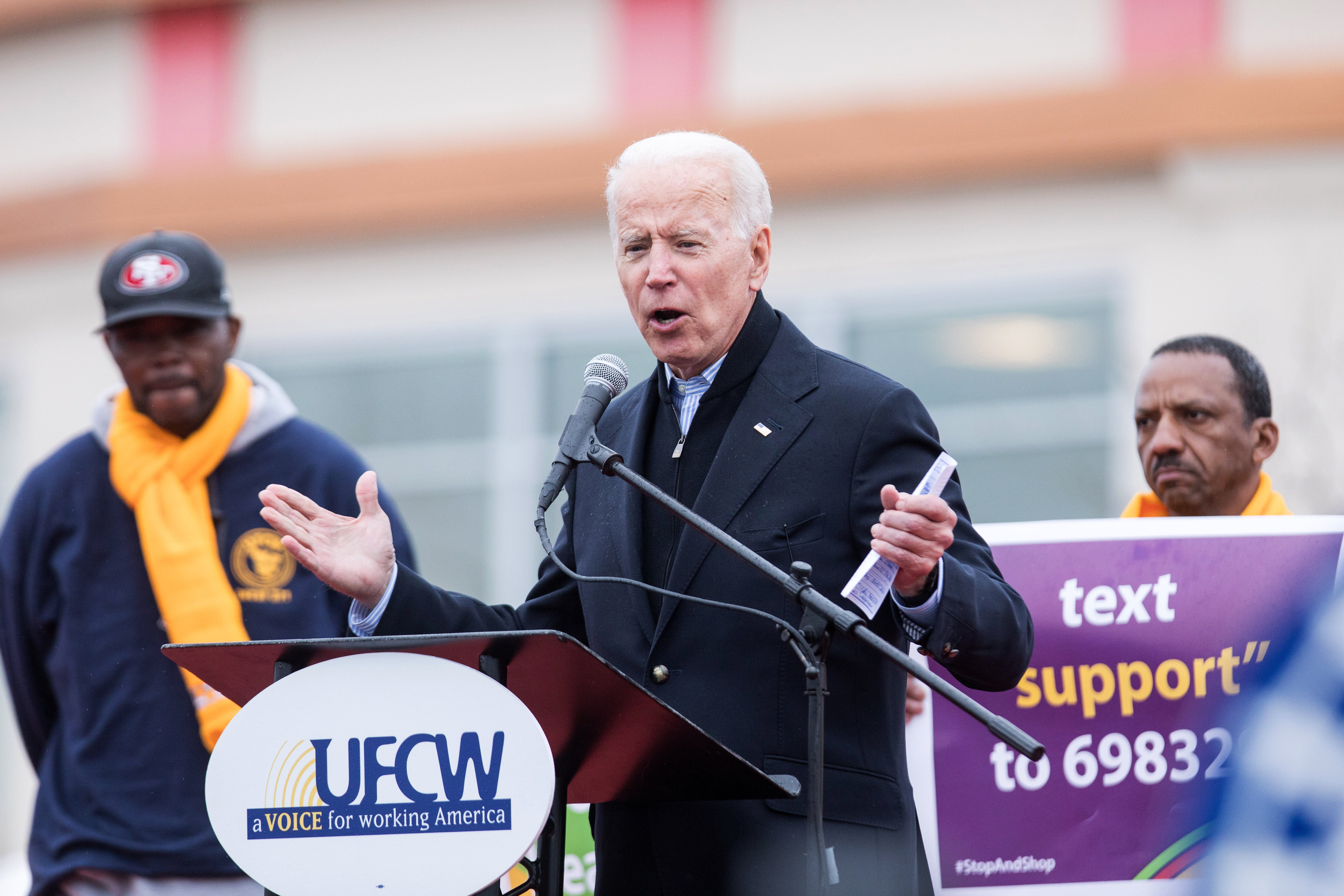 Former Vice President Joe Biden speaks in front of a Stop & Shop in support of union workers on April 18, 2019 in Dorchester, Massachusetts. (Scott Eisen/Getty Images)