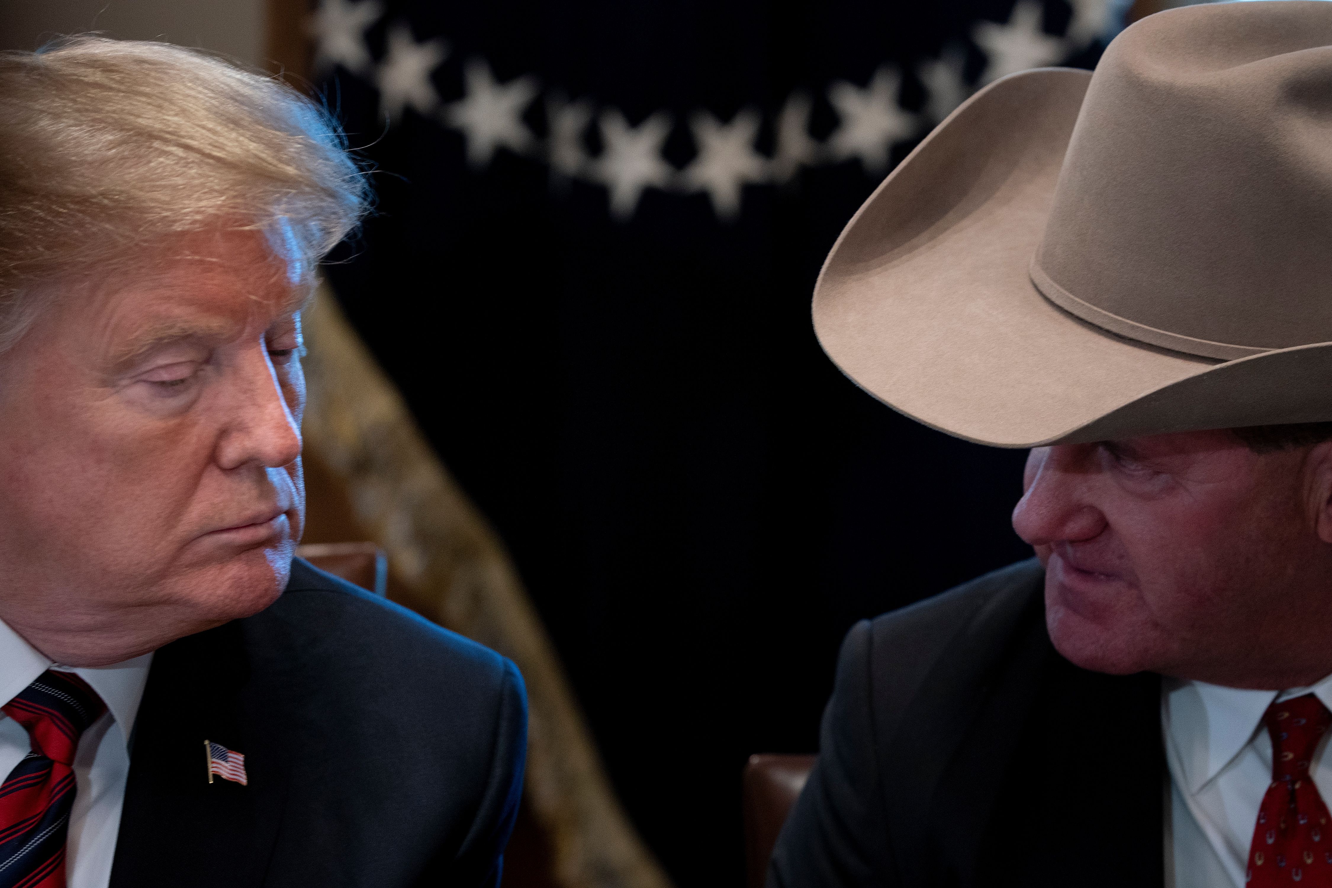 US President Donald Trump (L) listens to Jackson County Texas Sheriff A.J. Louderback during a meeting on border security in the Cabinet Room of the White House January 11, 2019 in Washington, DC. (Photo by Brendan Smialowski / AFP) (Photo credit should read BRENDAN SMIALOWSKI/AFP/Getty Images)