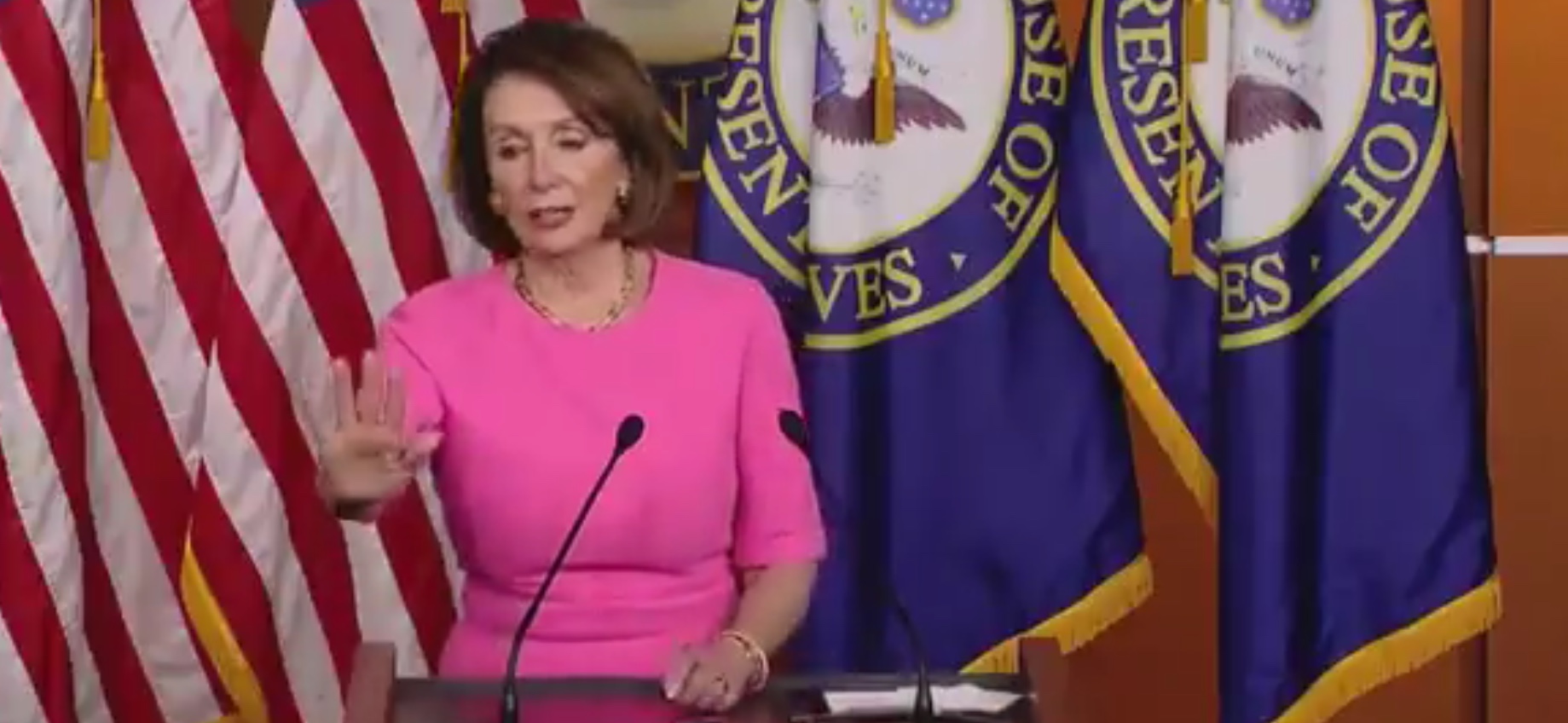 House Speaker Nancy Pelosi tells reporters that she has nothing to say about spat with White House Counsel Kellyanne Conway, May 23, 2019. Politico screen capture