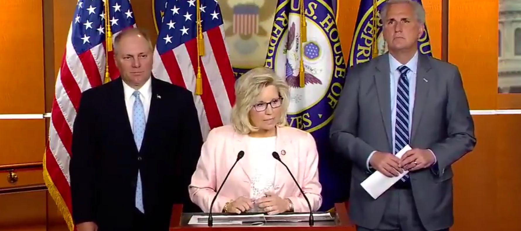 Wyoming Republican Rep. Liz Cheney holds a news conference to discuss the decision by the House Judiciary Committee to hold Attorney General William Barr in contempt of Congress, May 8, 2019. Twitter screencapture.