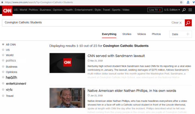 CNN website search screengrab Covington Catholic students