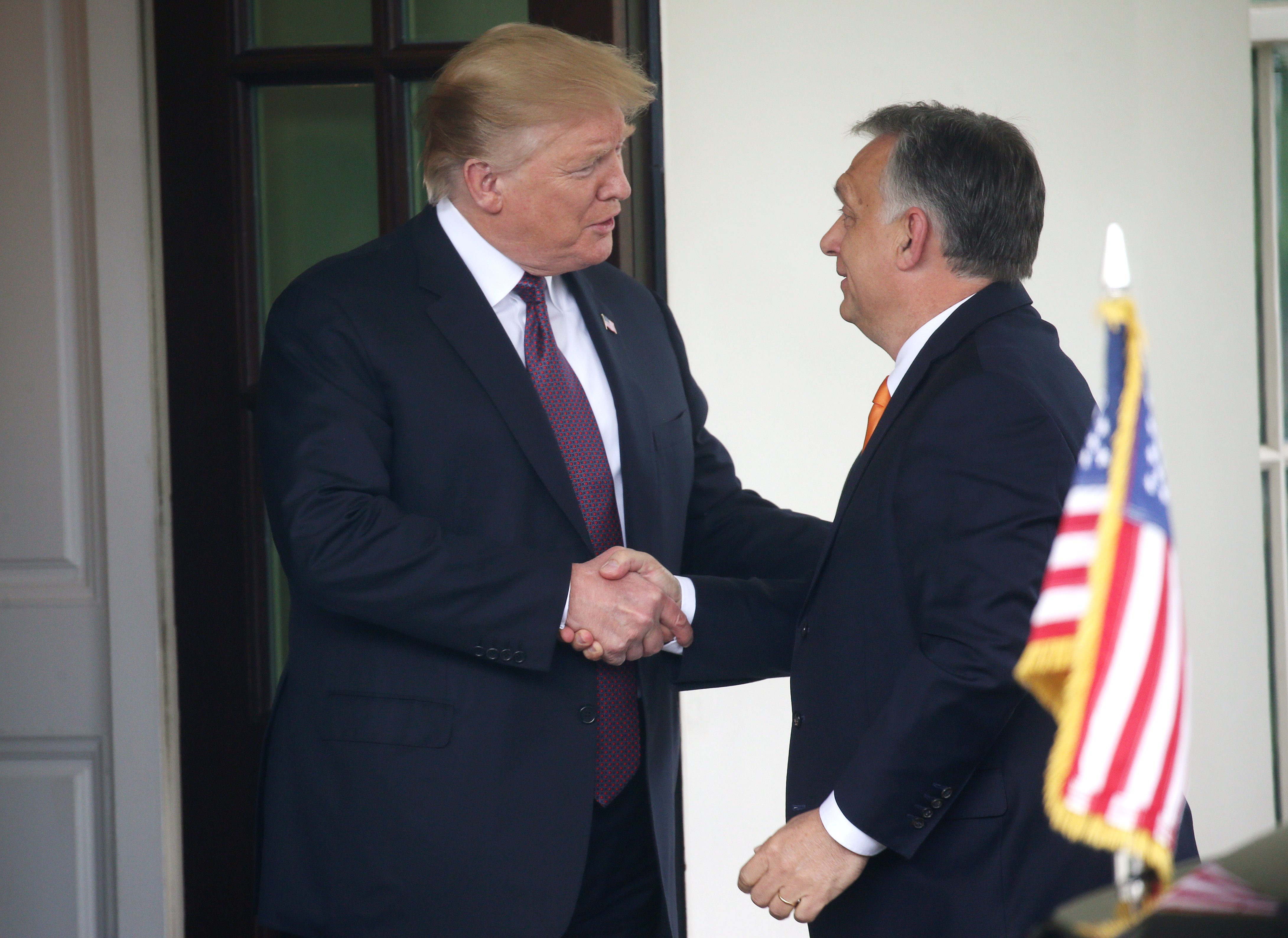 U.S. President Donald Trump welcomes Hungary's Prime Minister Viktor Orban as he arrives for meetings at the White House in Washington, U.S., May 13, 2019. REUTERS/Leah Millis