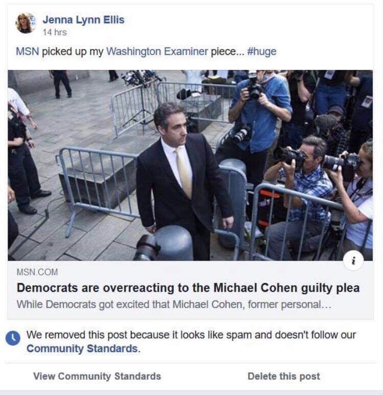 Facebook censored Jenna Rives' article discussing Michael Cohen. Screenshot provided by Jenna Rives.