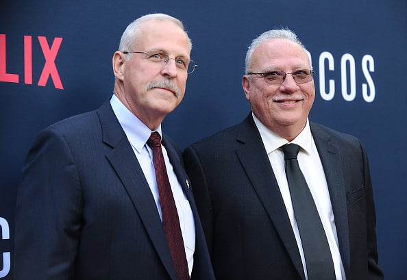 HOLLYWOOD, CA - AUGUST 24: DEA agents Steve Murphy and Javier Pena attend the season 2 premiere of "Narcos" at ArcLight Cinemas on August 24, 2016 in Hollywood, California. (Photo by Jason LaVeris/FilmMagic)