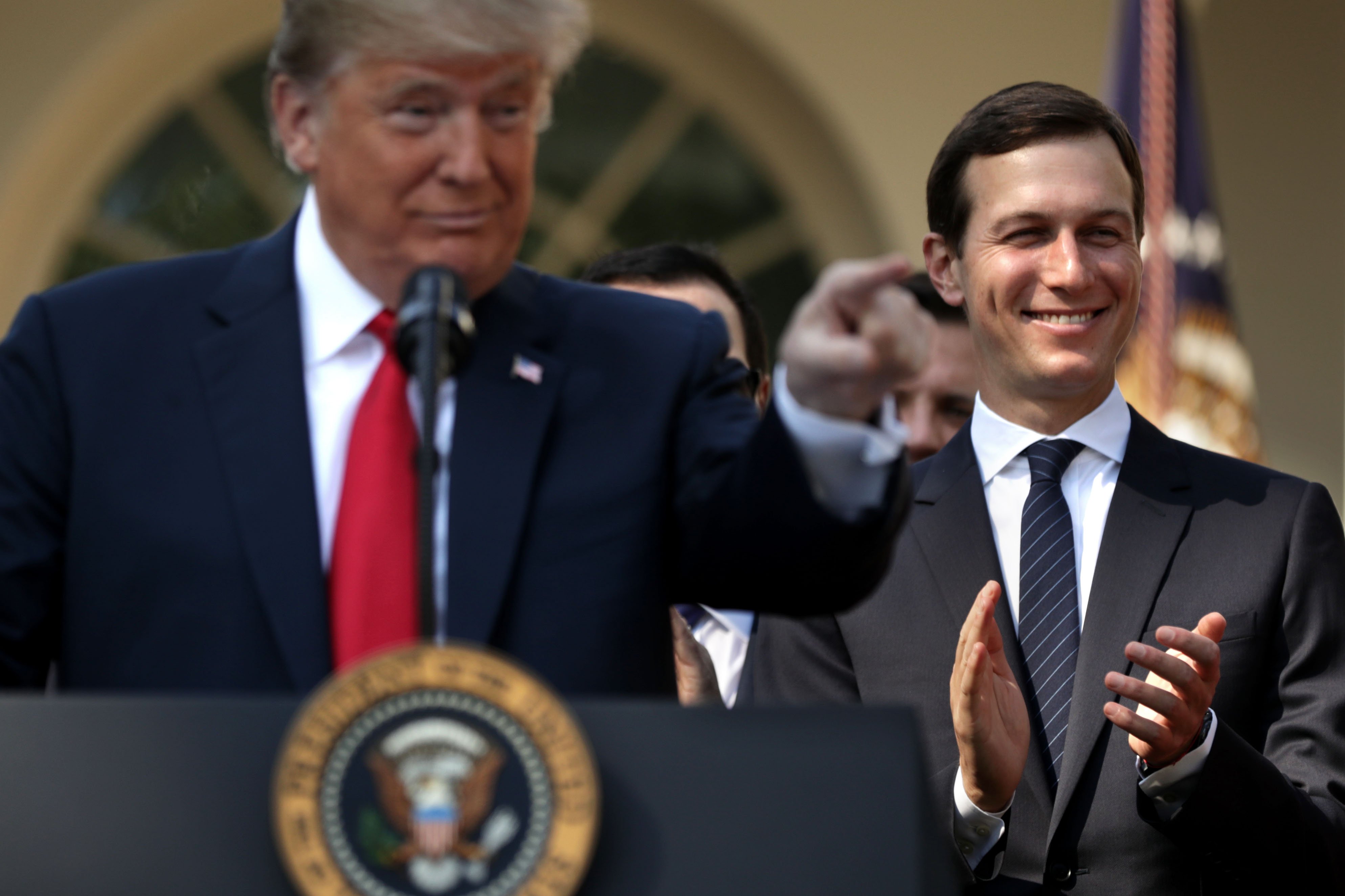 Senior Advisor to the President Jared Kushner joins U.S. President Donald Trump as he holds a press conference to discuss a revised U.S. trade agreement with Mexico and Canada in the Rose Garden of the White House on October 1, 2018 in Washington, DC. (Photo by Chip Somodevilla/Getty Images)