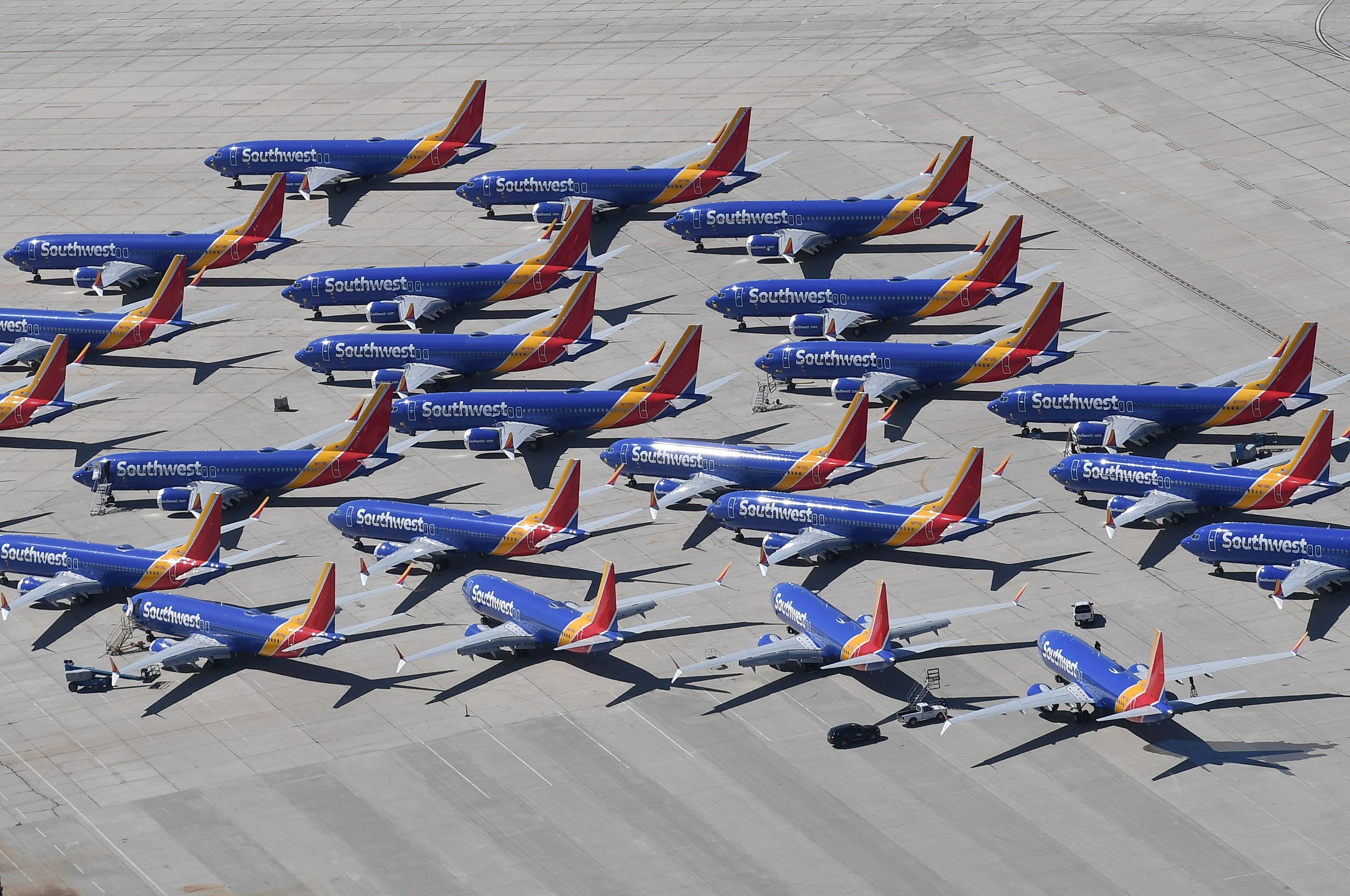 Southwest Airlines Boeing 737 MAX aircraft are parked on the tarmac after being grounded at the Southern California Logistics Airport in Victorville, California on March 28, 2019. (MARK RALSTON/AFP/Getty Images)