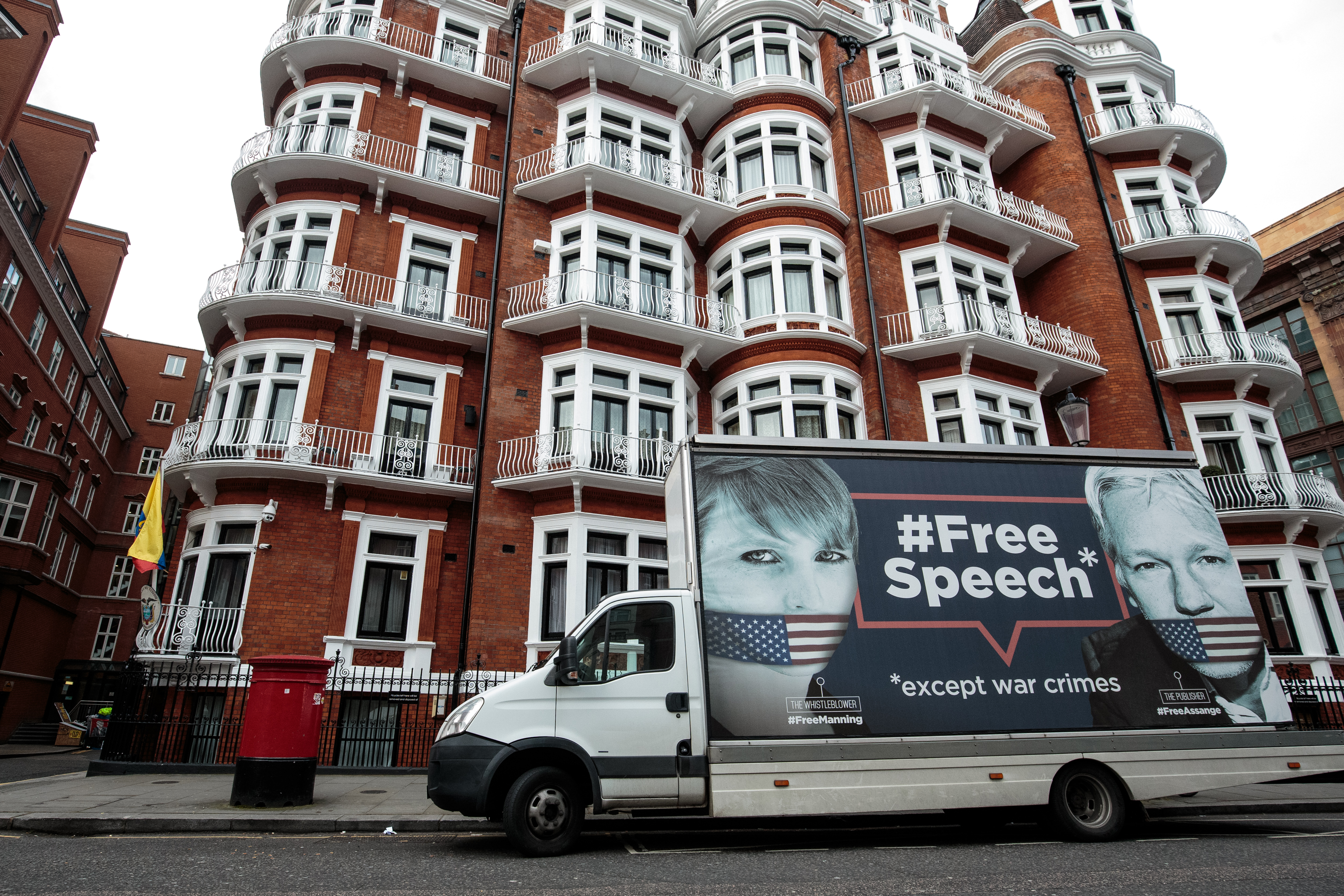 A van with a billboard in support of American whistleblower Chelsea Manning and Wikileaks founder Julian Assange is parked outside the Ecuadorian Embassy in South Kensington on April 5, 2019 in London, England. (Photo by Jack Taylor/Getty Images)