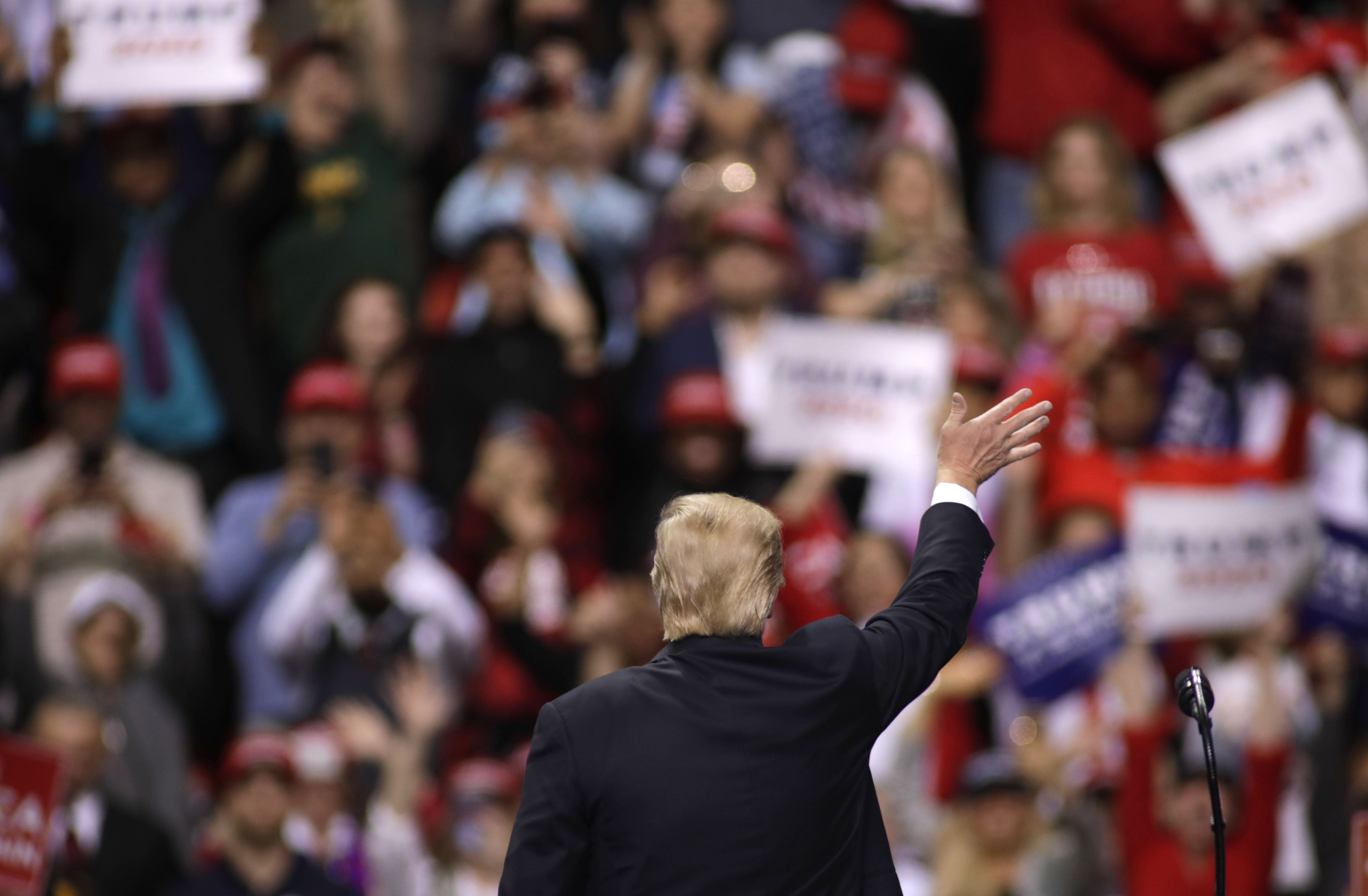 GREEN BAY, WI - APRIL 27: US President Donald Trump waves to the crowd after speaking to a crowd of supporters at a Make America Great Again rally on April 27, 2019 in Green Bay, Wisconsin. (Photo by Darren Hauck/Getty Images)