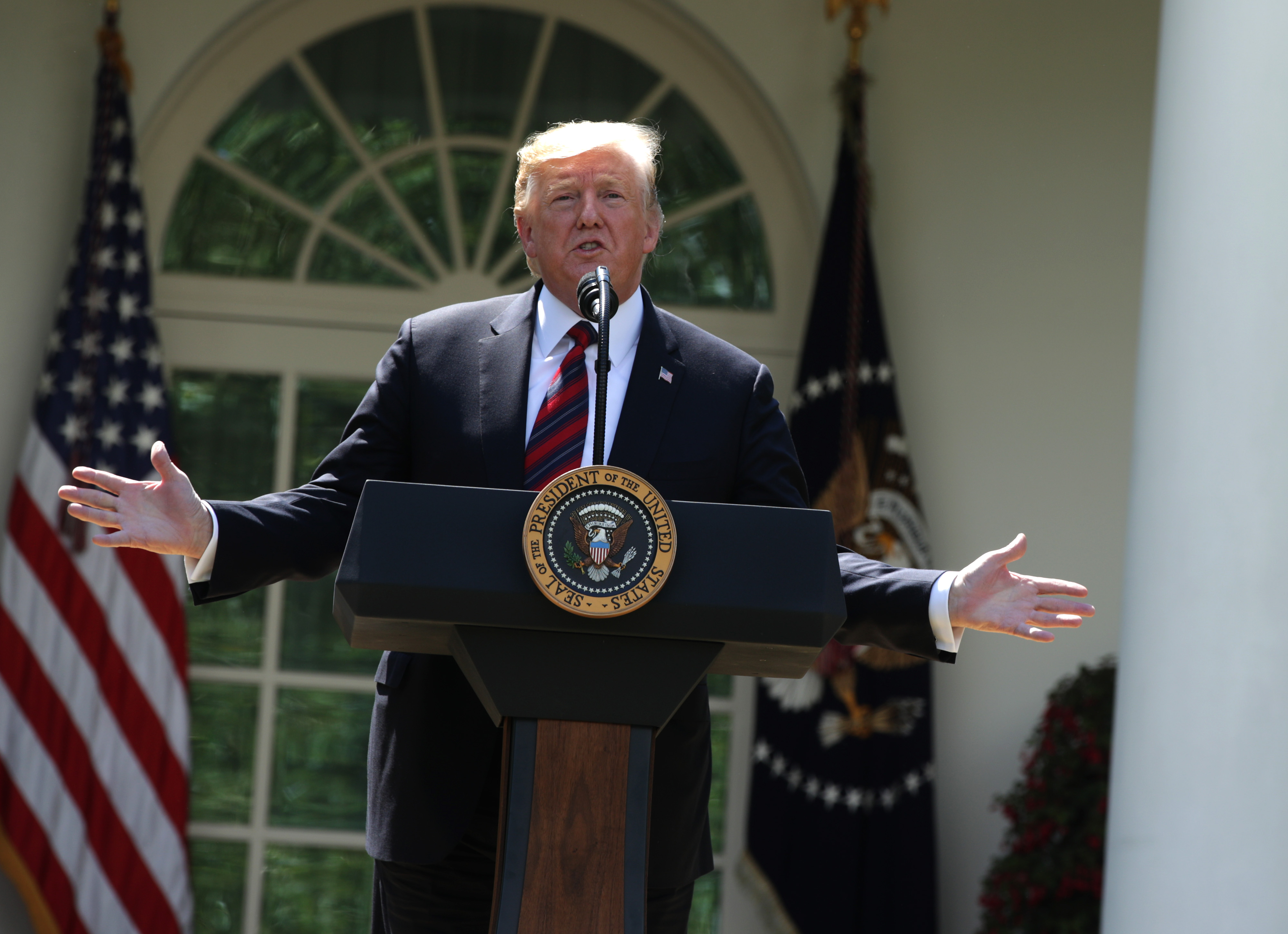WASHINGTON, DC - MAY 16: U.S. President Donald Trump speaks about immigration reform in the Rose Garden of the White House on May 16, 2019 in Washington, DC. President Trump’s new immigration proposal will be a “merit-based system” that prioritizes high-skilled workers over those with family already in the country and does not address young undocumented immigrants that are part of the Deferred Action for Childhood Arrivals (DACA) program. (Photo by Alex Wong/Getty Images)