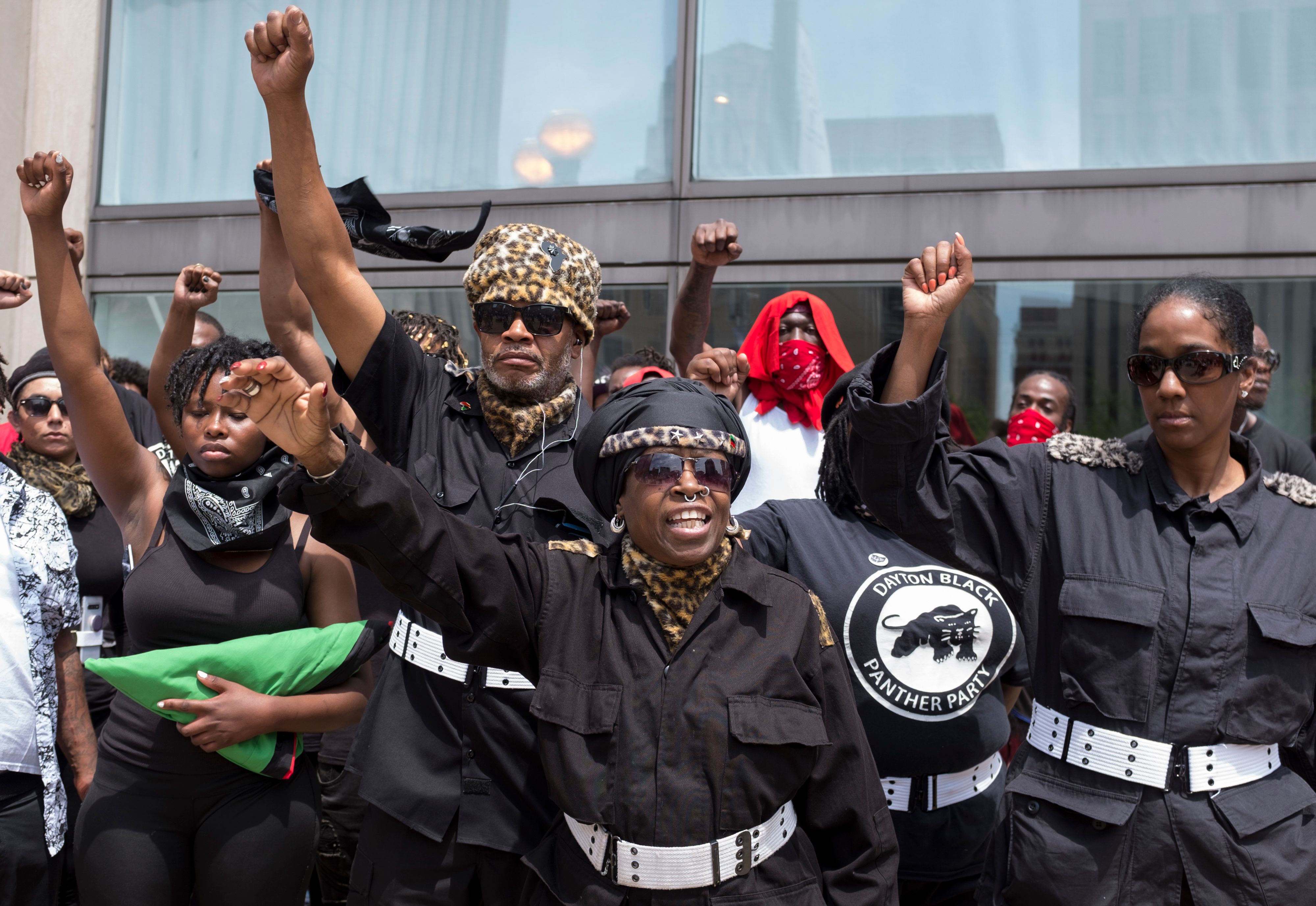 The Dayton chapter of the Black Panthers protest against a small group from the KKK-affiliated Honorable Sacred Knights during a rally in Dayton, Ohio, May 25, 2019. (SETH HERALD/AFP/Getty Images)