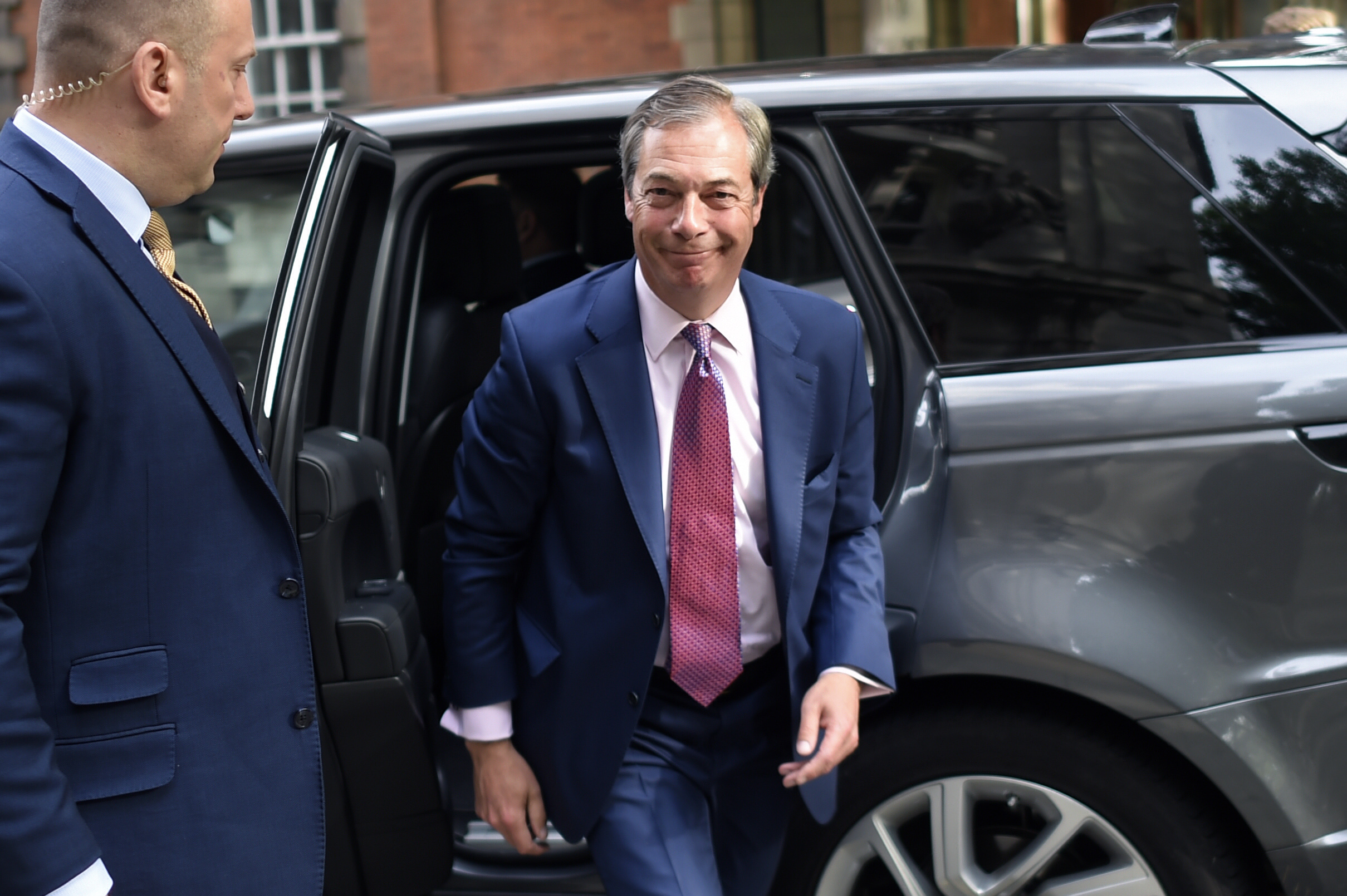 Brexit Party leader Nigel Farage arrives at Millbank Studios on May 27, 2019 in London, England. (Photo by Peter Summers/Getty Images)