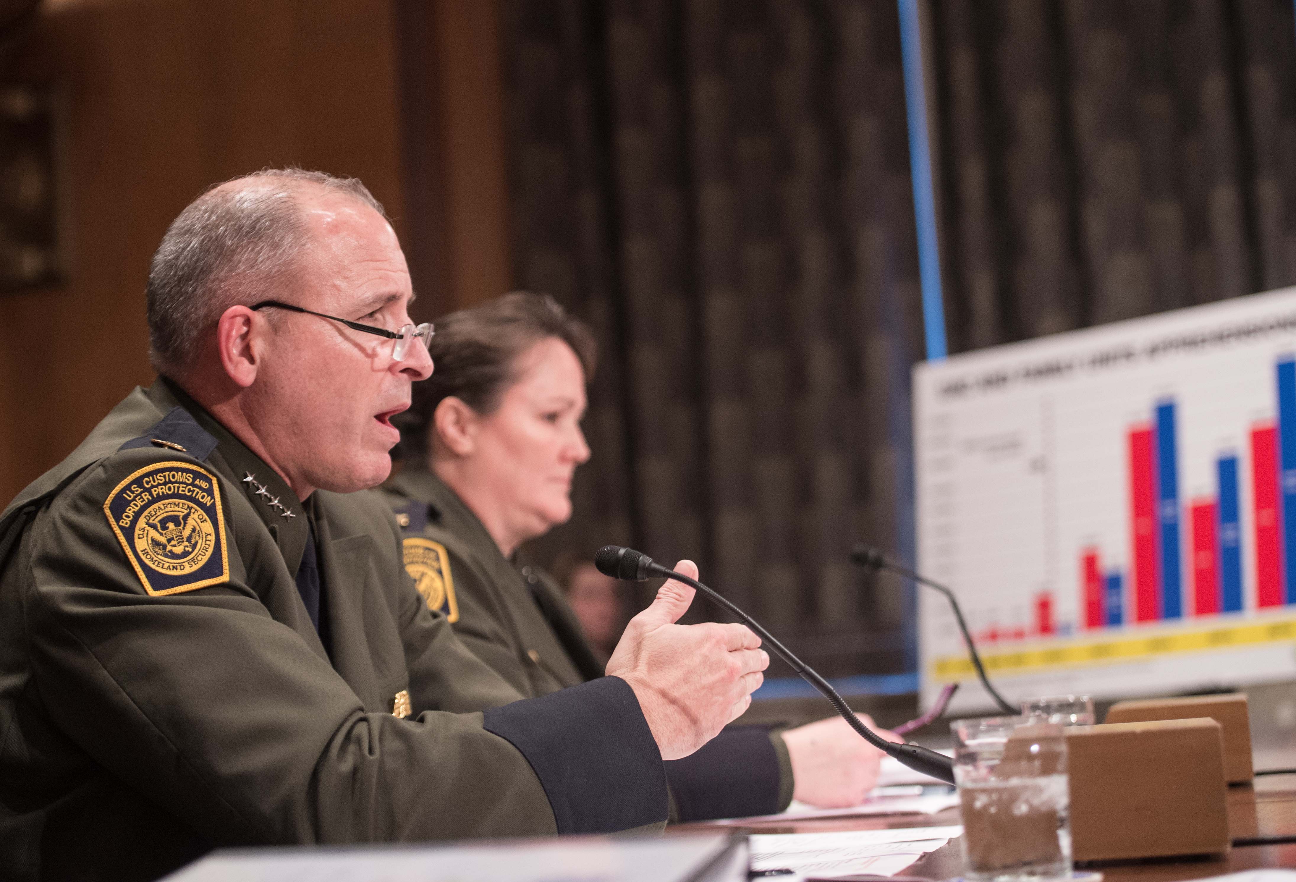 Mark Morgan, chief of the US Border Patrol, and his deputy Carla Provost testify at a Senate Homeland Security and Governmental Affairs Committee hearing on "Initial Observations of the New Leadership at the US Border Patrol" on Capitol Hill in Washington, DC, on November 30, 2016. (NICHOLAS KAMM/AFP/Getty Images)