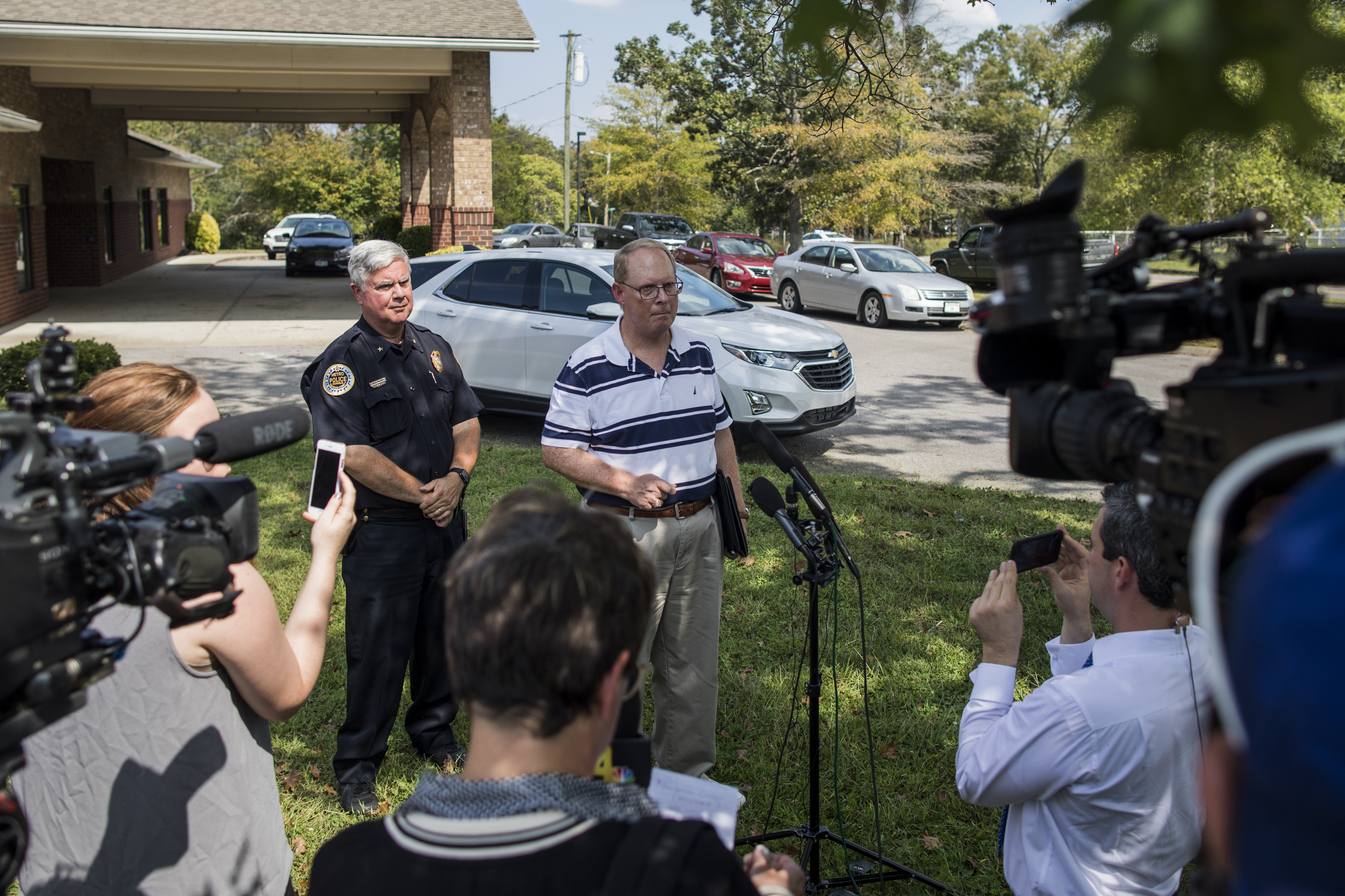 Metro Nashville Police Department Public Affairs Manager Don Aaron answers questions related to the shooting at Burnette Chapel Church of Christ on September 24, 2017 in Antioch, Tennessee. (Joe Buglewicz/Getty Images)