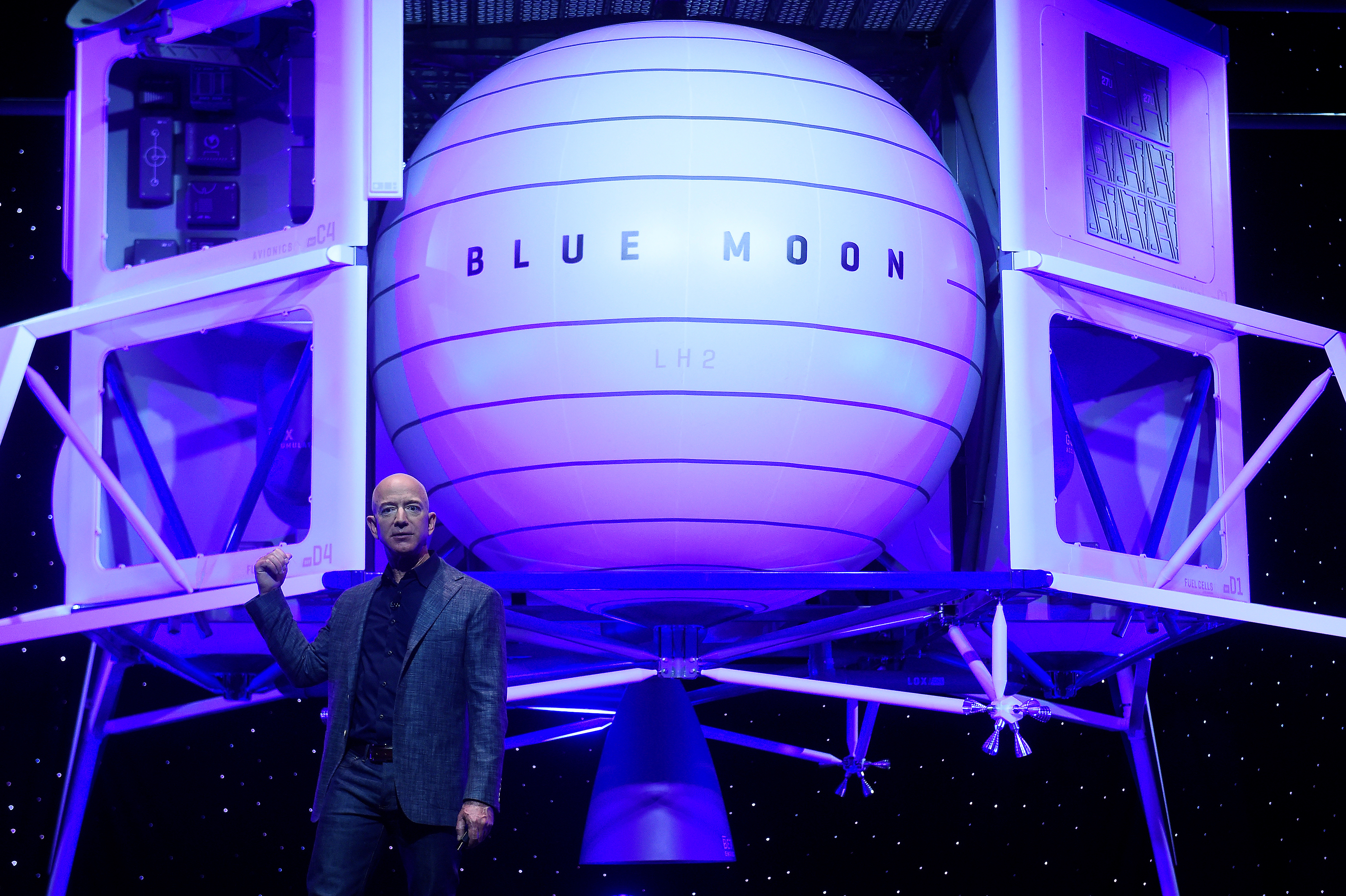 Founder, Chairman, CEO and President of Amazon Jeff Bezos unveils his space company Blue Origin's space exploration lunar lander rocket called Blue Moon during an unveiling event in Washington, U.S., May 9, 2019. REUTERS/Clodagh Kilcoyne