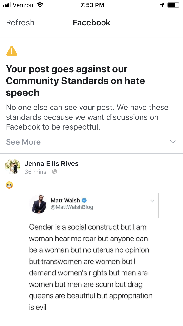 Screenshot of Jenna Rives'blocked post and message from Facebook.