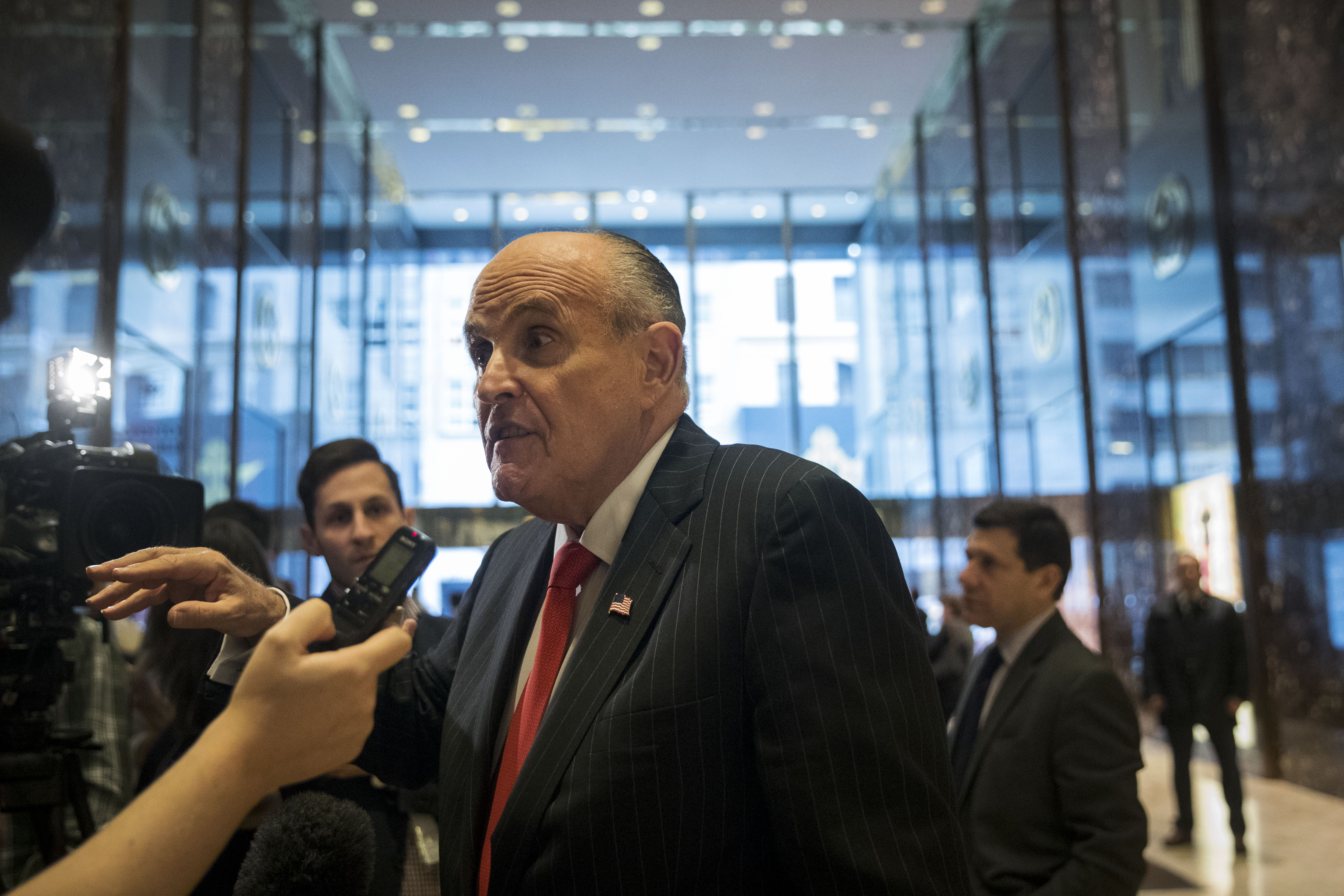 Former New York City Mayor Rudy Giuliani speaks to reporters at Trump Tower, January 12, 2017 in New York City. (Drew Angerer/Getty Images)