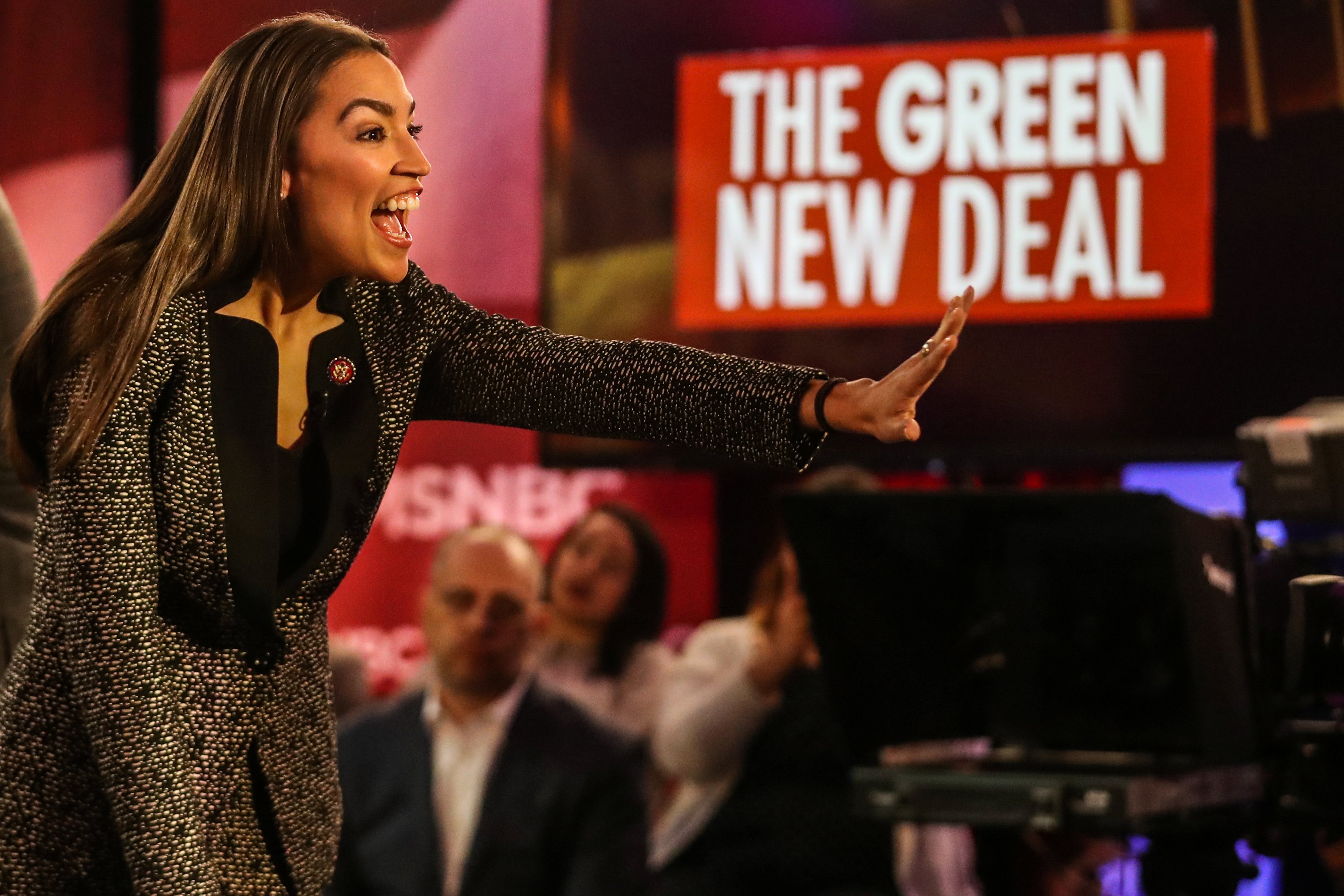 U.S. Representative Alexandria Ocasio-Cortez (D-NY) greets audiences following a televised town hall event in New York