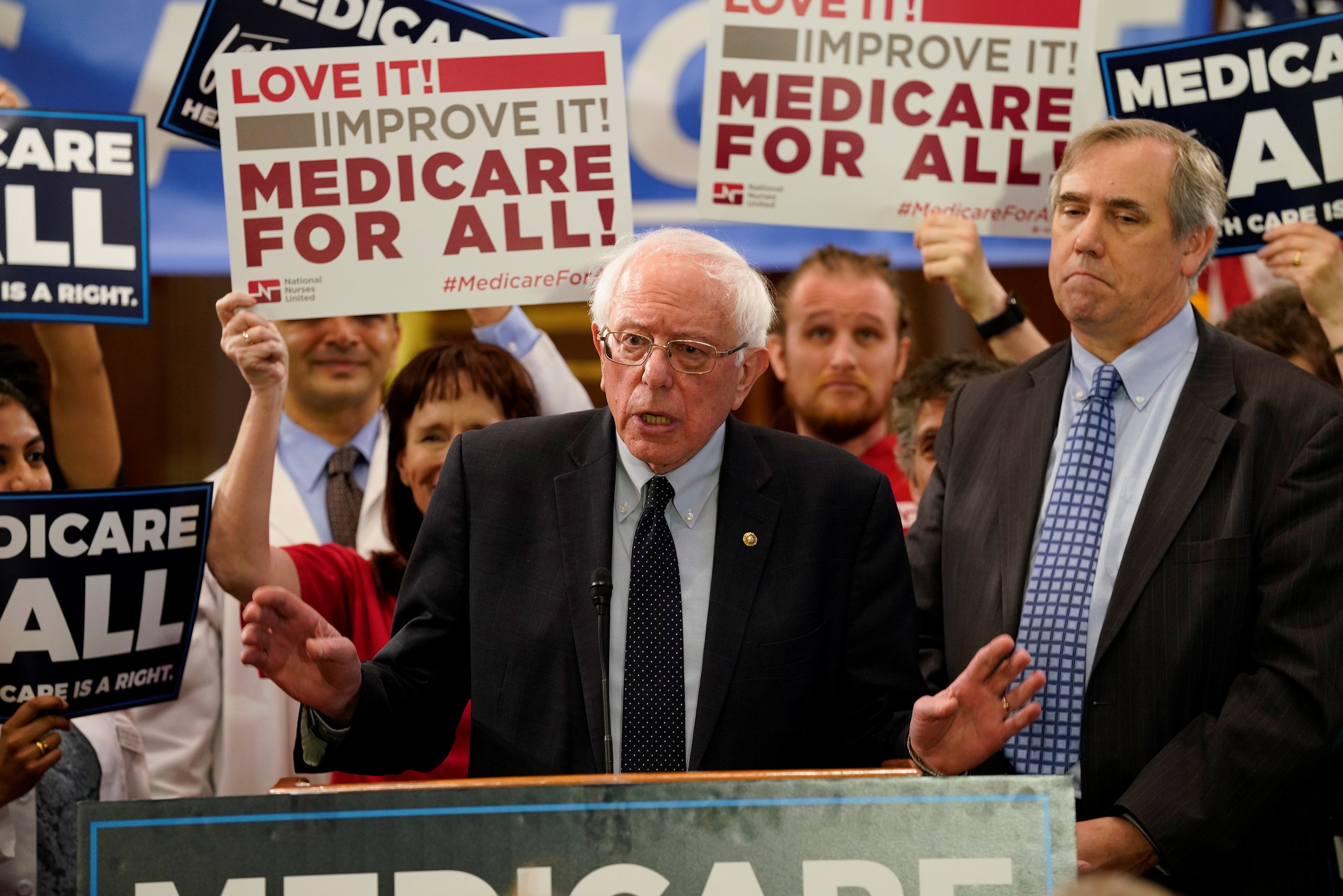 Democratic U.S. presidential candidate U.S. Sen. Bernie Sanders (I-VT) speaks at a news conference to introduce the "Medicare for All Act of 2019" on Capitol Hill in Washington, U.S., April 10, 2019. REUTERS/Aaron P. Bernstein 
