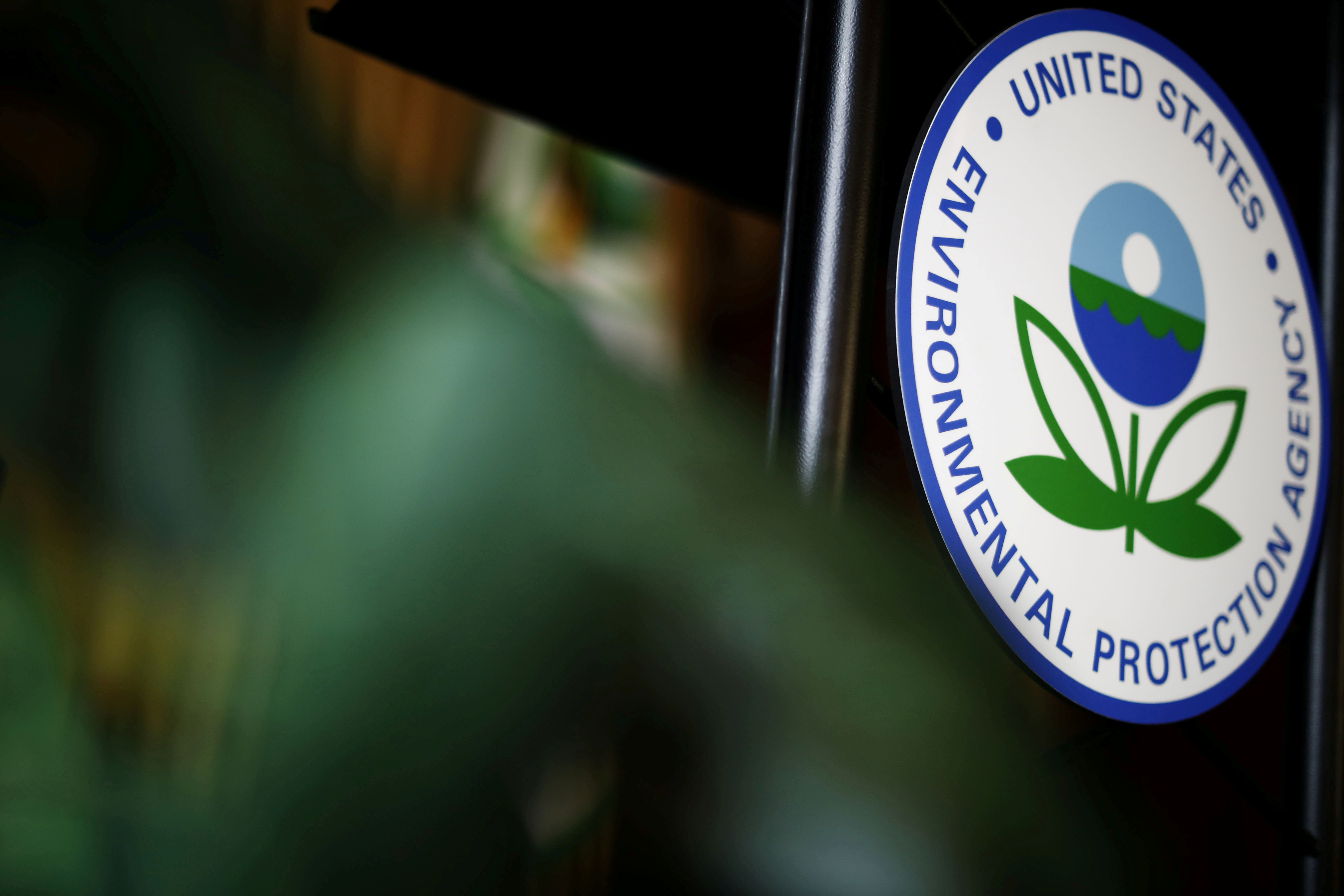 The U.S. Environmental Protection Agency (EPA) sign is seen on the podium at EPA headquarters in Washington