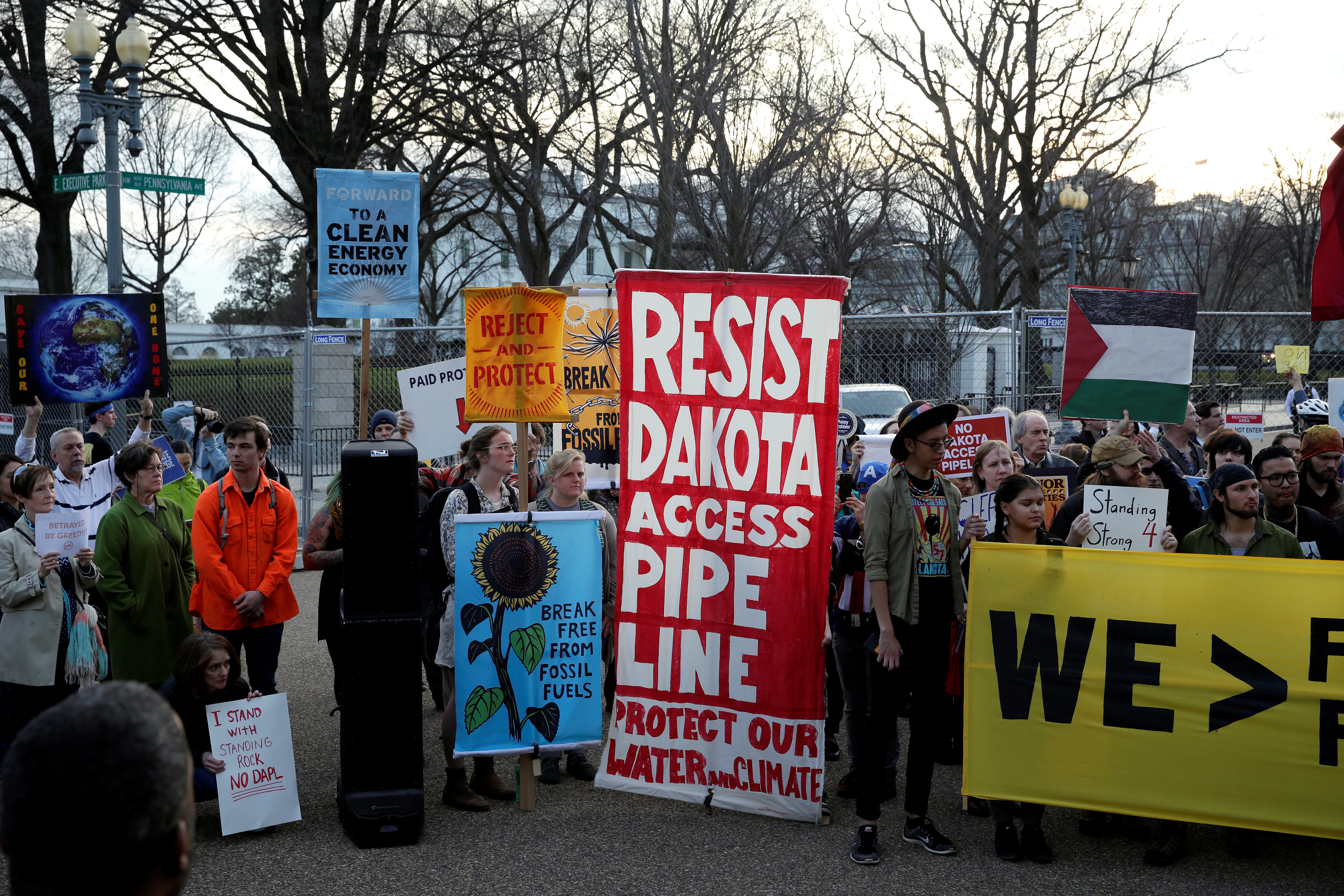 People protest against U.S. President Donald Trump's directive to permit the Dakota Access Pipeline during a demonstration at the White House in Washington.