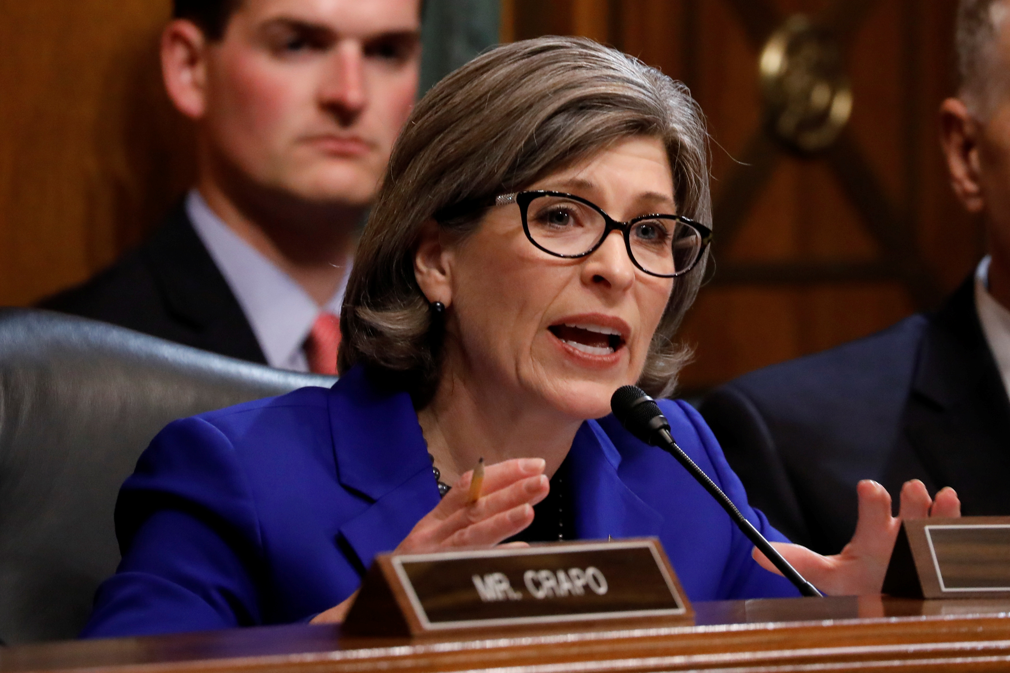 Sen. Joni Ernst (R-IA) asks a question as U.S. Attorney General William Barr testifies before a Senate Judiciary Committee hearing on Capitol Hill in Washington