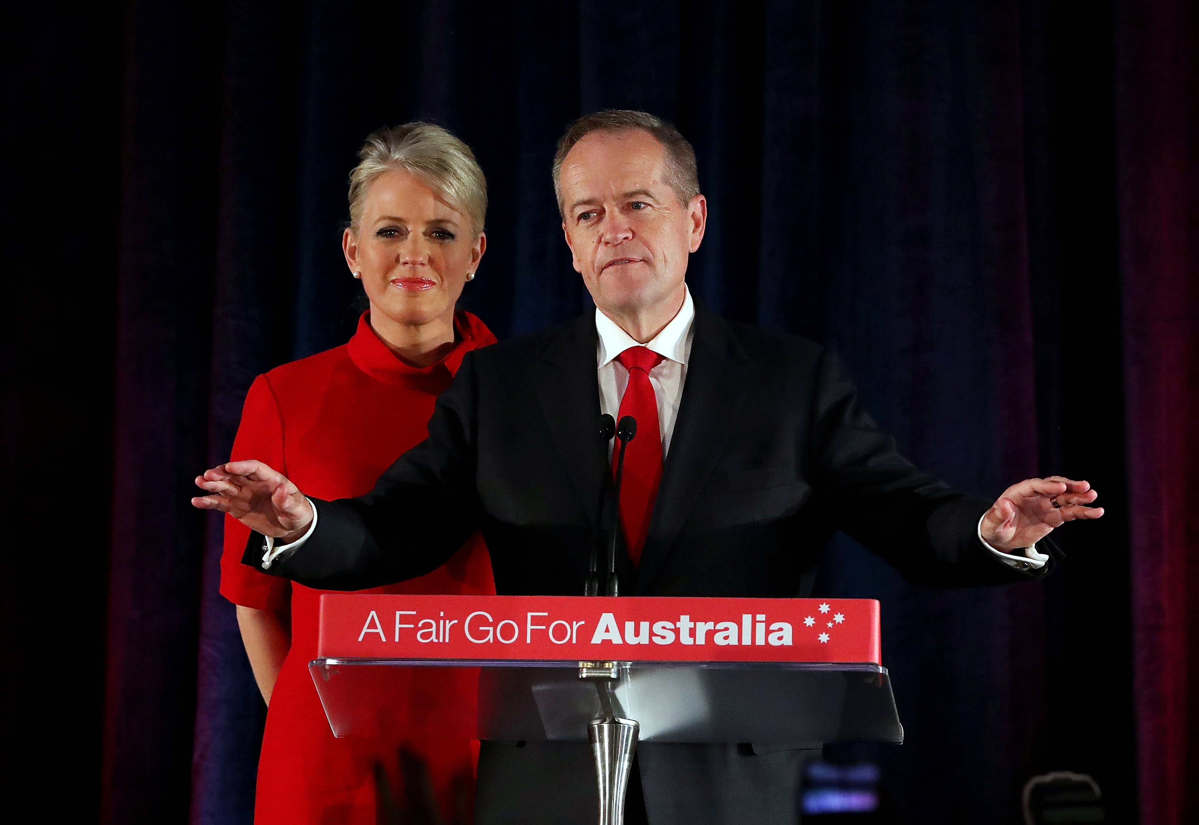 Australia's Labor Party leader Bill Shorten on stage with wife Chloe, concedes defeat at the Federal Labor Reception at Hyatt Place Melbourne, Essendon Fields, in Melbourne