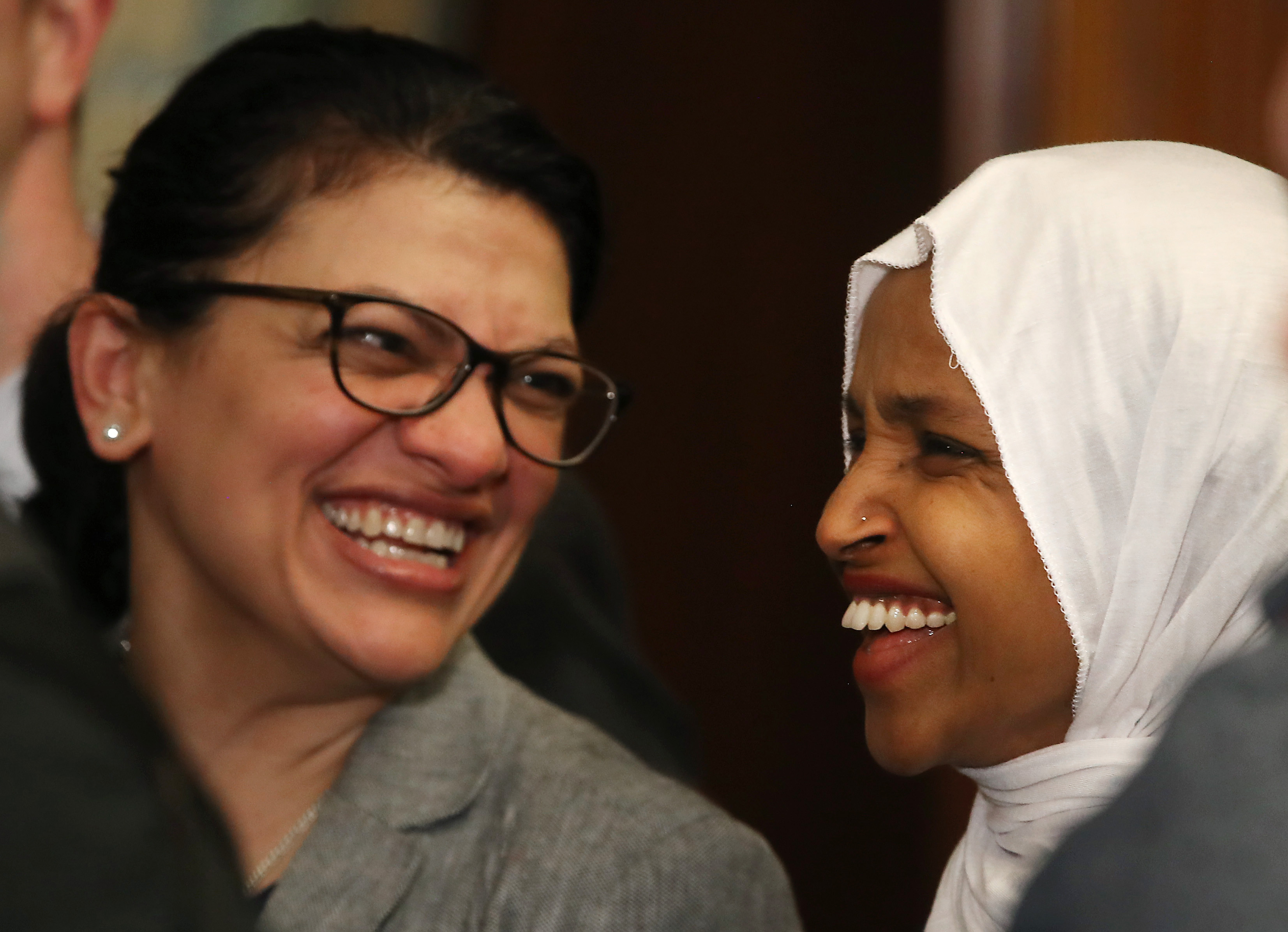Rep. Ilhan Omar and Rep. Rashida Tlaib attend a news conference where House and Senate Democrats introduced the Equality Act of 2019 (Mark Wilson/Getty Images)