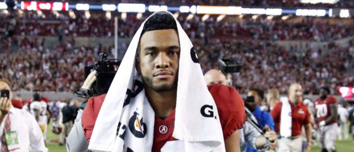 TUSCALOOSA, AL - OCTOBER 13: Tua Tagovailoa #13 of the Alabama Crimson Tide walks off the field after the game against the Missouri Tigers at Bryant-Denny Stadium on October 13, 2018 in Tuscaloosa, Alabama. Tagovailoa suffered an injury in the third quarter and did not return to the game. Alabama won 39-10. (Photo by Joe Robbins/Getty Images)