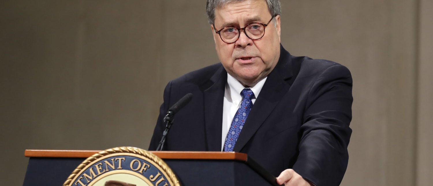 Attorney General William Barr delivers remarks during a farewell ceremony for Deputy Attorney General Rod Rosenstein on May 9, 2019. (Chip Somodevilla/Getty Images)