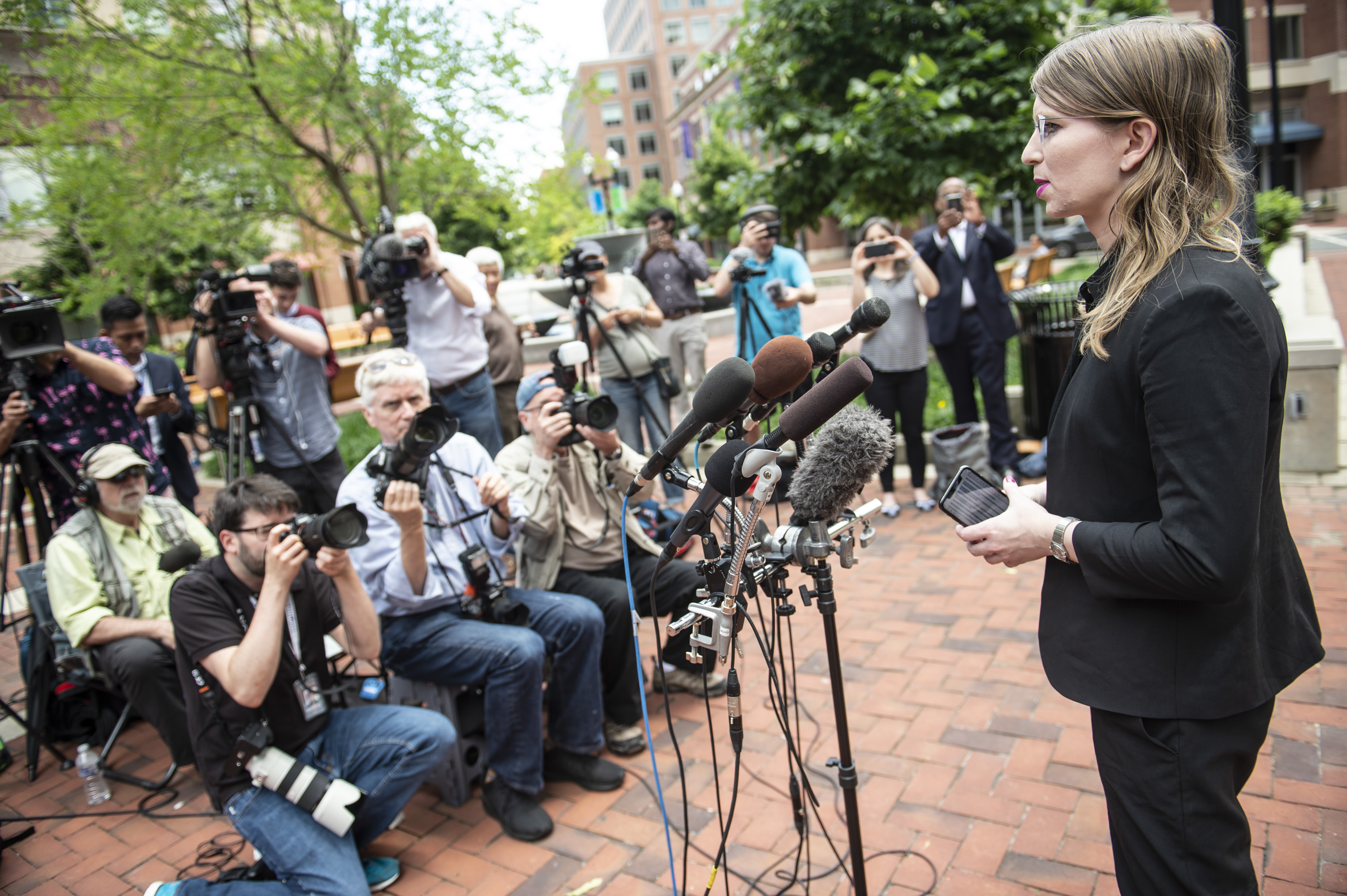 Former military intelligence analyst Chelsea Manning speaks to the press ahead of a Grand Jury appearance about WikiLeaks, in Alexandria, Virginia, on May 16, 2019. (Photo by ERIC BARADAT/AFP/Getty Images)