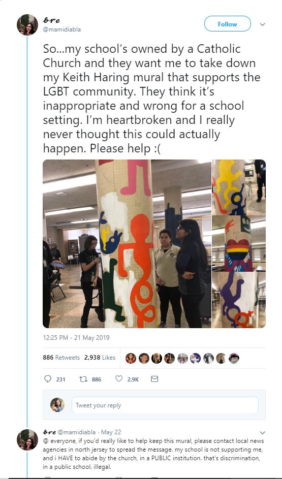 A New Jersey high school student is upset her mural with LBGTQ themes is being covered up. Twitter screenshot