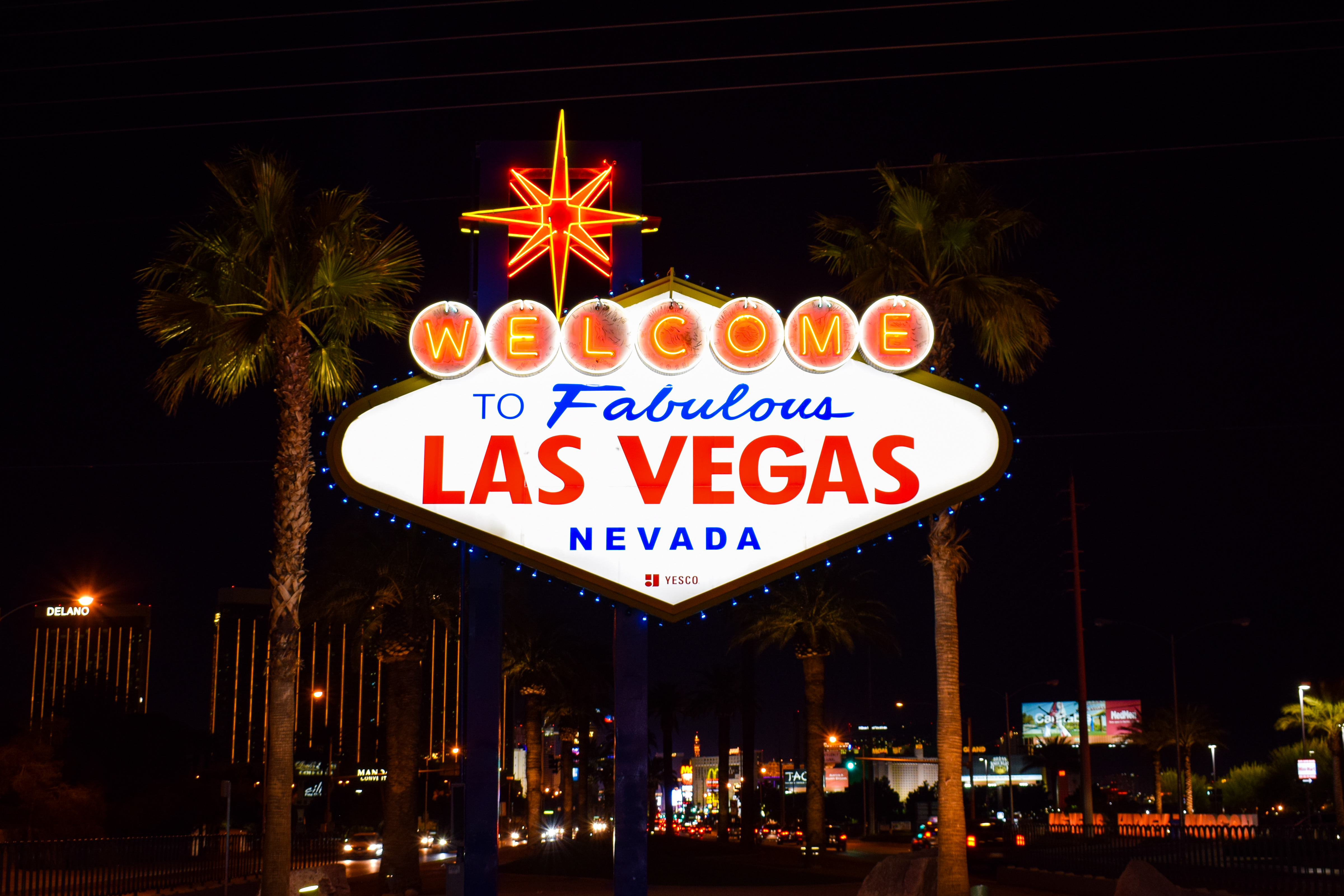 The "Las Vegas" sign stands out in the night. 