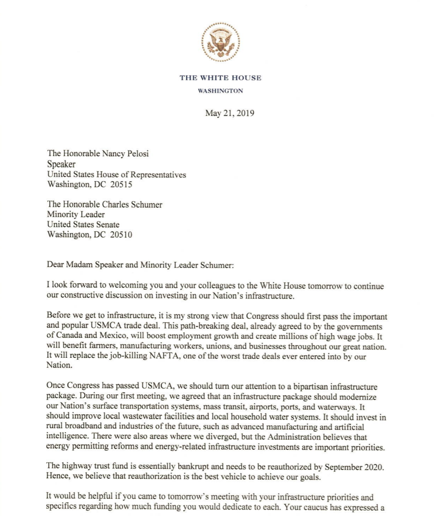 Letter from President Donald J. Trump to the Speaker of the House of Representatives and to the Minority Leader of the Senate (White House)