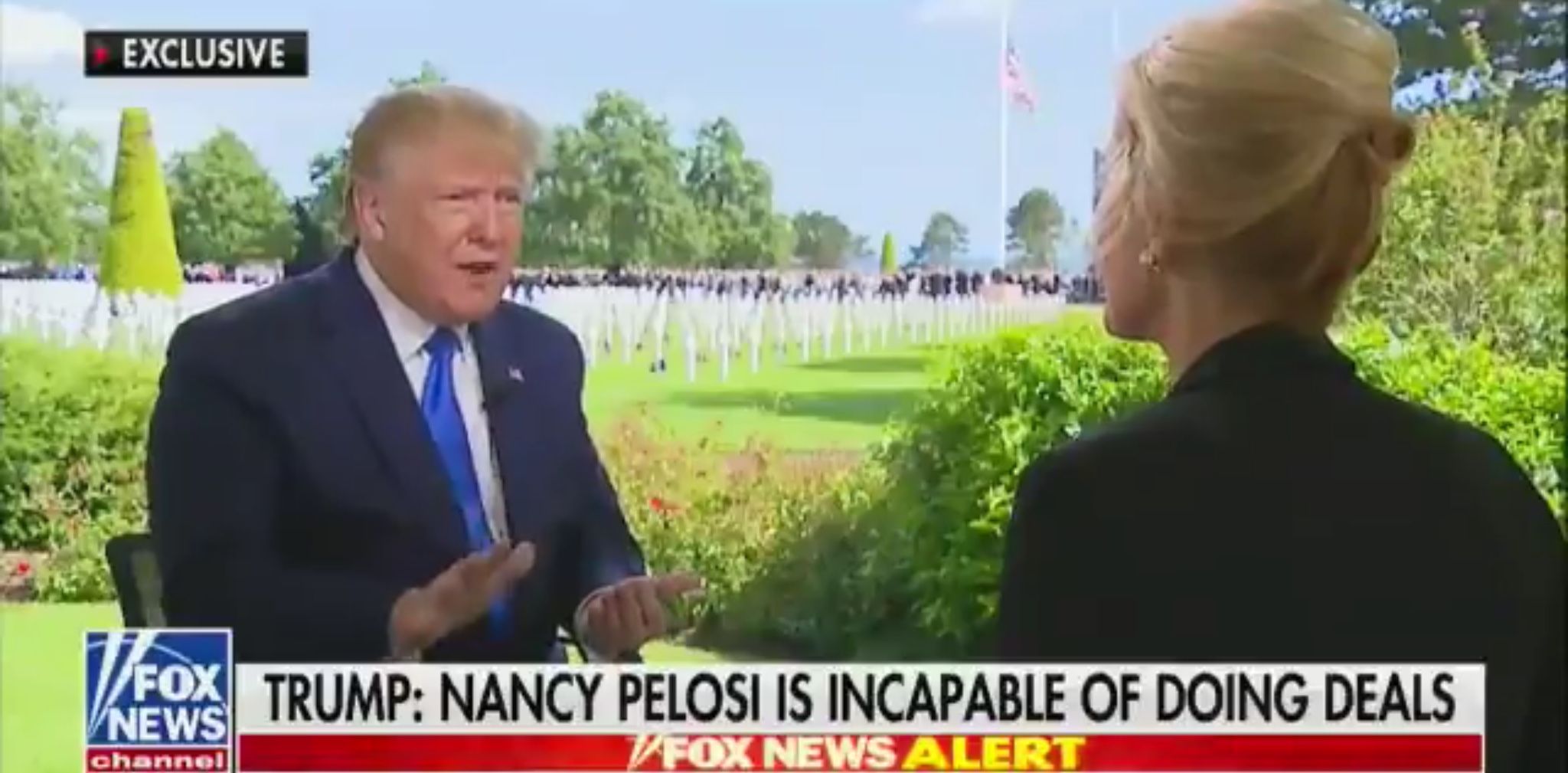 President Donald Trump talks about House Speaker Nancy Pelosi with Fox News host Laura Ingraham, June 6, 2019. Fox News screenshot.
