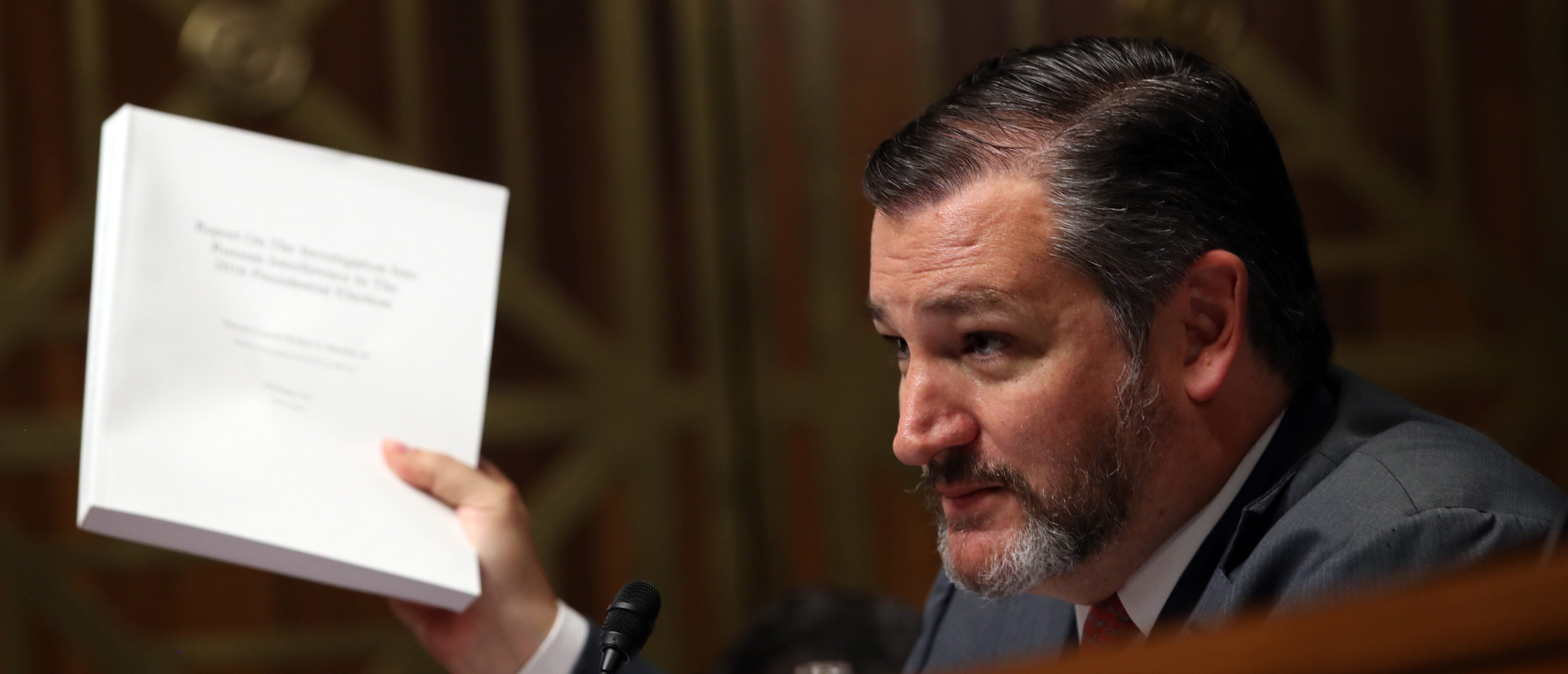 WASHINGTON, DC - MAY 1: Sen. Ted Cruz (R-TX) holds the Mueller report while asking the U.S. Attorney General William Barr questions during the Senate Judiciary Committee hearing May 1, 2019 in Washington, DC. Barr testified on the Justice Department's investigation of Russian interference with the 2016 presidential election. (Photo by Win McNamee/Getty Images)