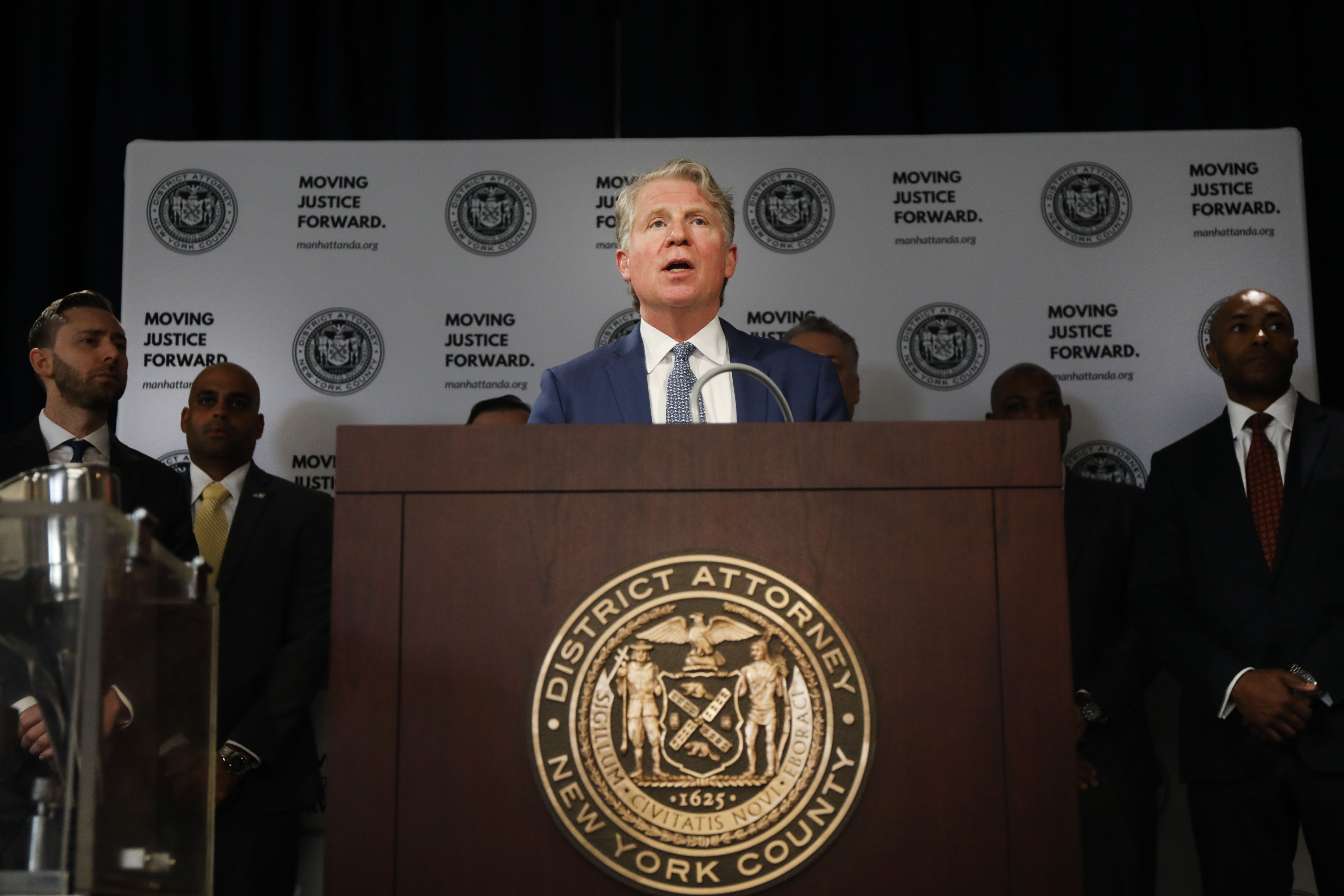 Surrounded by pictures and items seized, Manhattan District Attorney Cyrus Vance Jr. announces the take down of a crime ring run on the dark web on April 16, 2019 in New York City. (Photo by Spencer Platt/Getty Images)