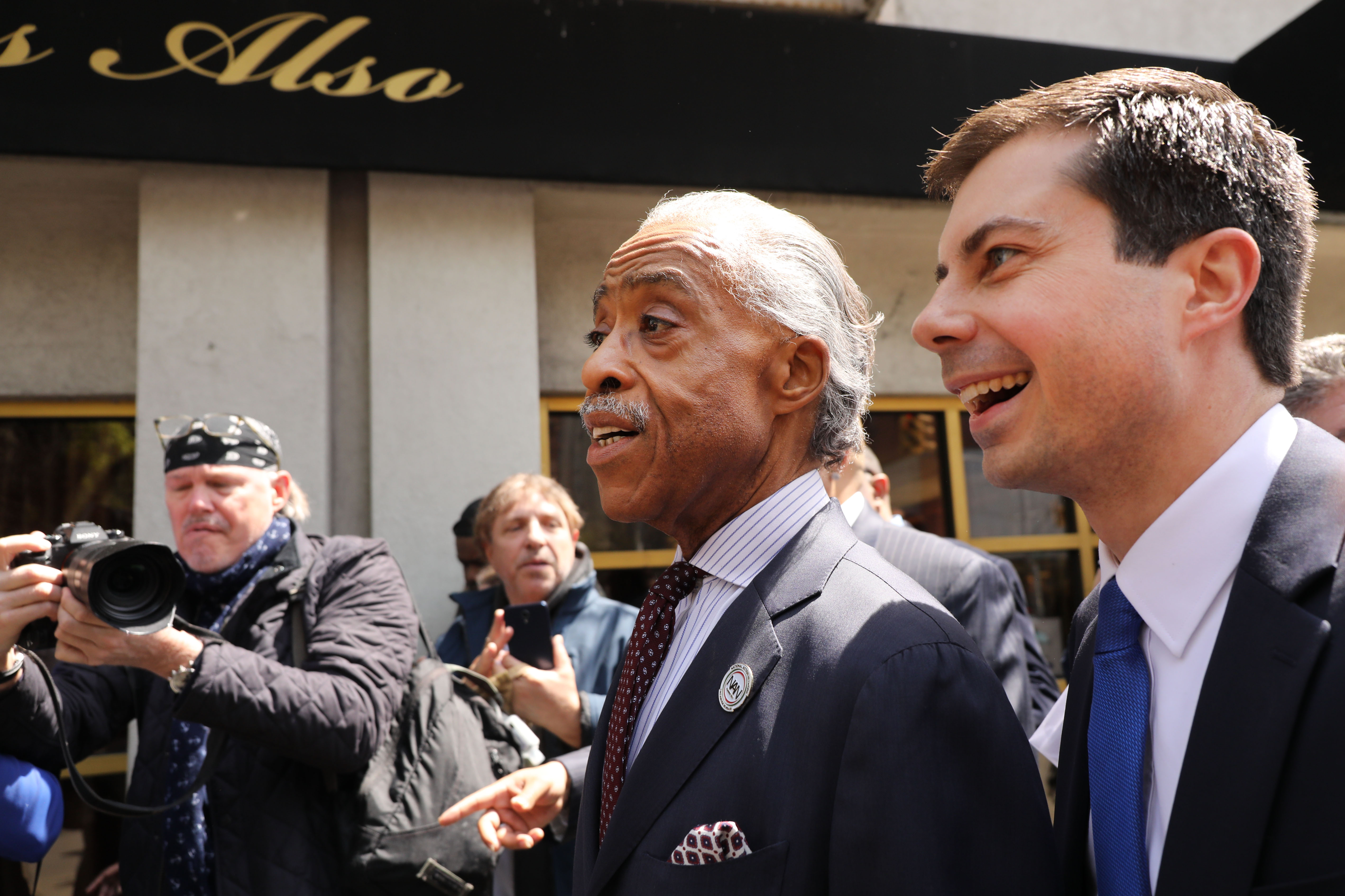 2020 Democratic presidential candidate and South Bend, Indiana, Mayor Pete Buttigieg meets with Reverend Al Sharpton for lunch at famed Sylvia’s Restaurant in Harlem on April 29, 2019 in New York City. (Photo by Spencer Platt/Getty Images)