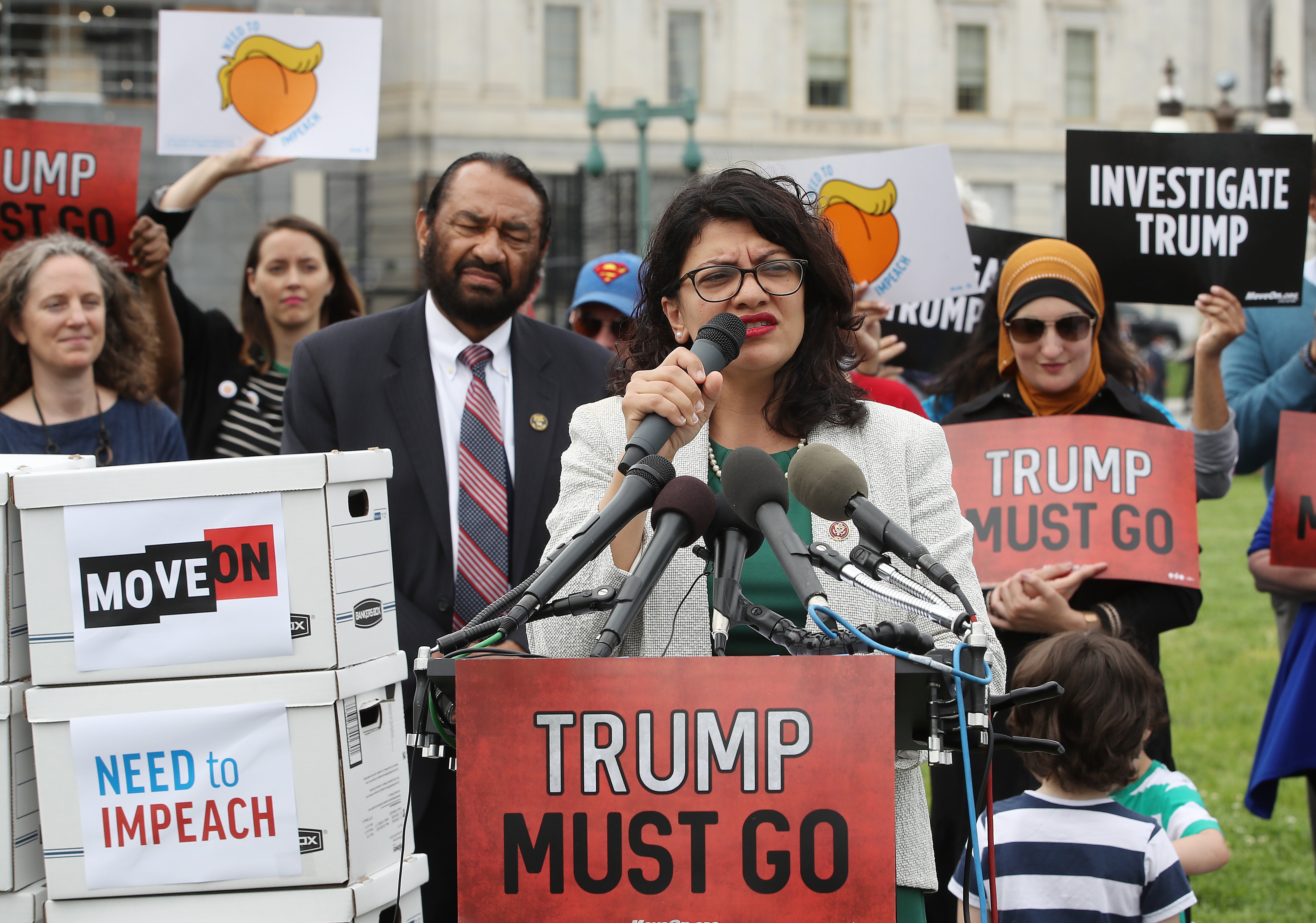 Rep. Rashida Tlaib (D-MI) speaks during an event with activist groups to deliver over ten million petition signatures to Congress urging the U.S. House of Representatives to start impeachment proceedings against President Donald Trump on Capitol Hill May 9, 2019 in Washington, DC. (Mark Wilson/Getty Images)