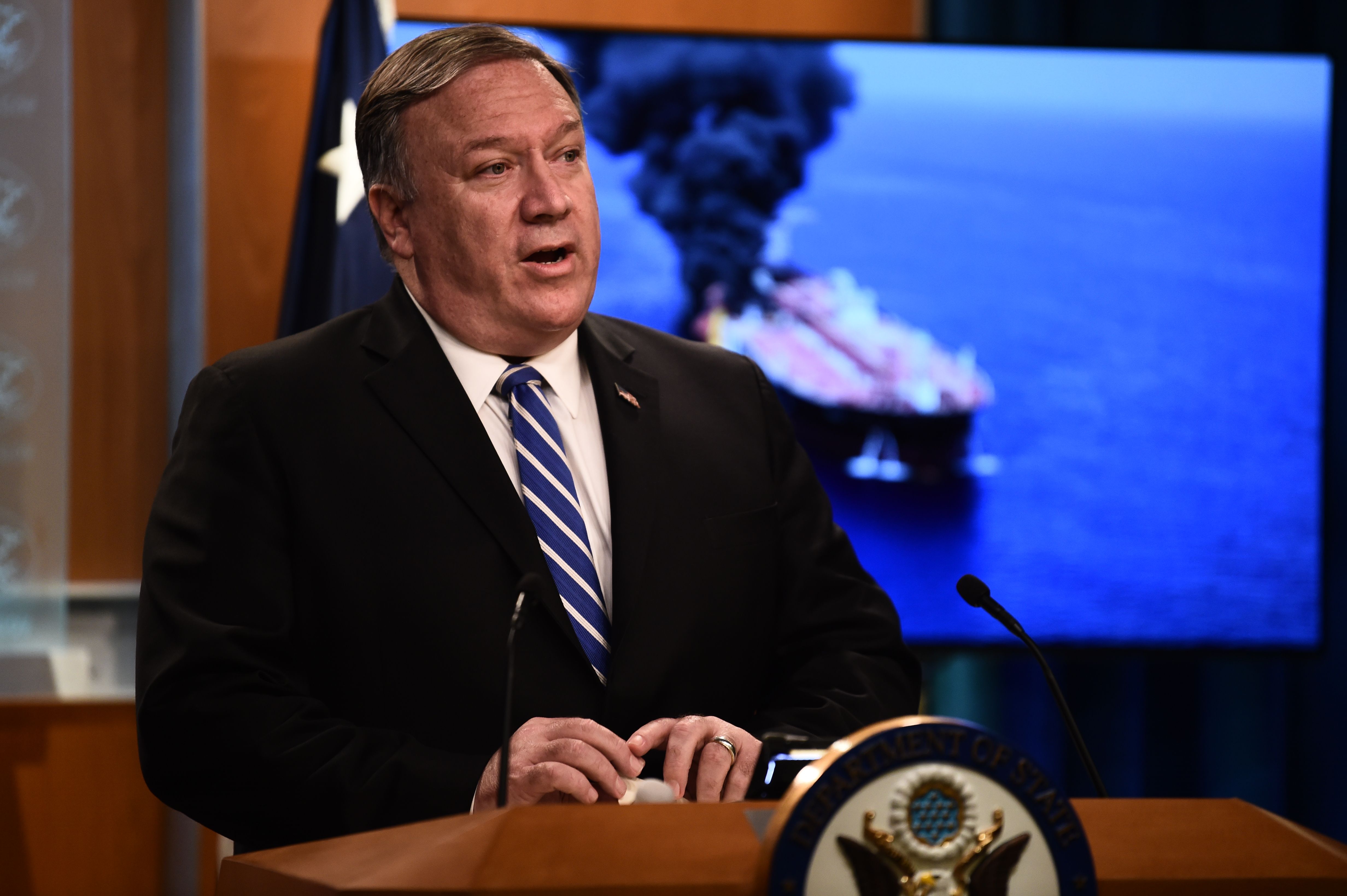 US Secretary of State Mike Pompeo delivers remarks to the media at the State Department in Washington, DC on June 13, 2019. - US Secretary of State Mike Pompeo accused Iran of being behind attacks on two tanks in the Gulf of Oman Thursday, and said it was taking the case to the UN Security Council."It is the assessment of the United States that the Islamic Republic of Iran is responsible for the attacks," Pompeo told reporters. (ERIC BARADAT/AFP/Getty Images)