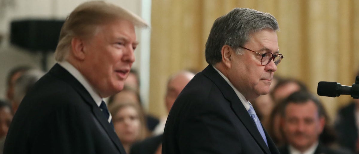 U.S. President Donald Trump (L) stands with Attorney General William Barr before the presentation of the Public Safety Officer Medals of Valor in the East Room of the White House May 22, 2019 in Washington, DC. (Mark Wilson/Getty Images)