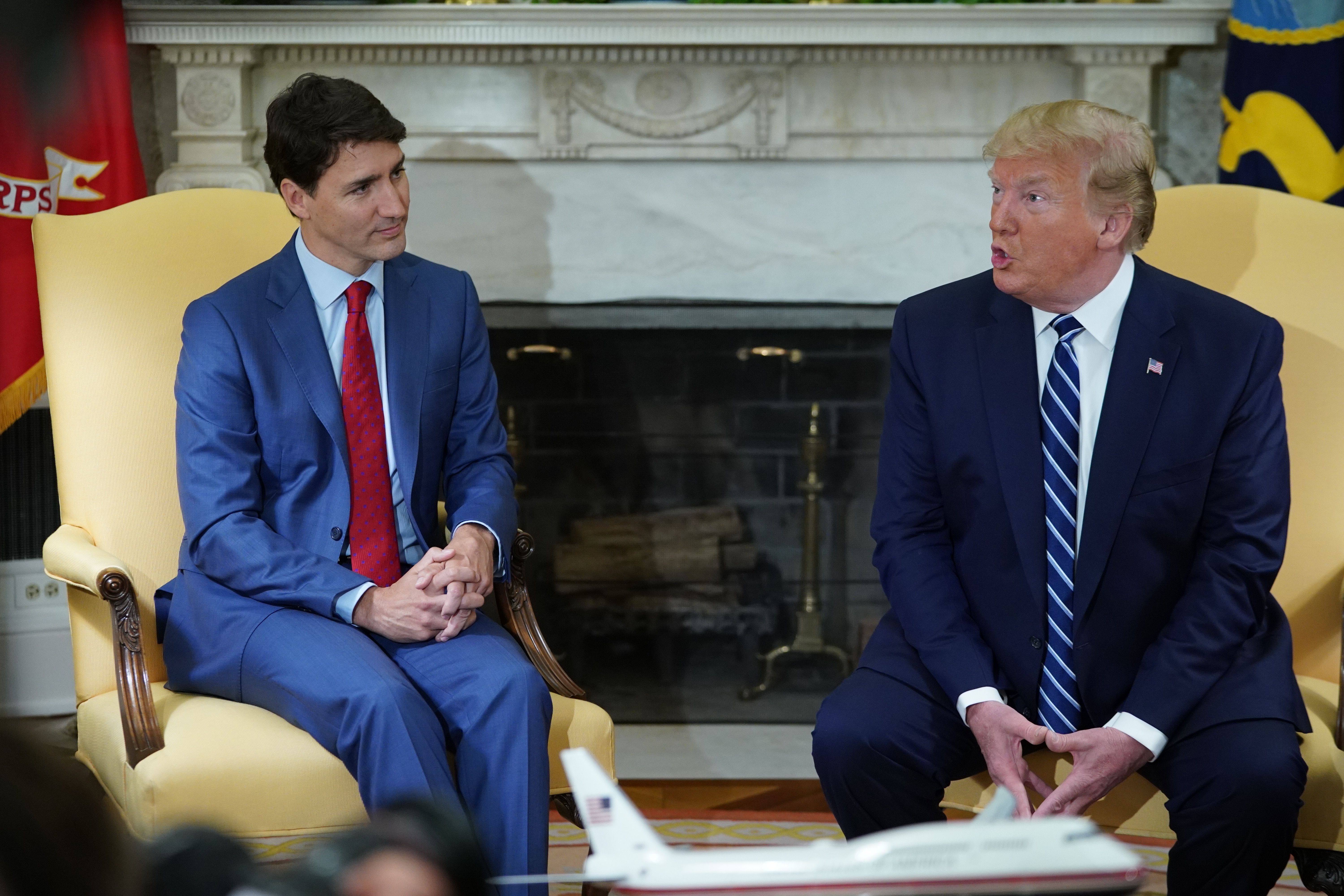 US President Donald Trump and Canadian Prime Minister Justin Trudeau take part in a bilateral meeting in the Oval Office of the White House in Washington, DC, on June 20, 2019. (MANDEL NGAN/AFP/Getty Images)