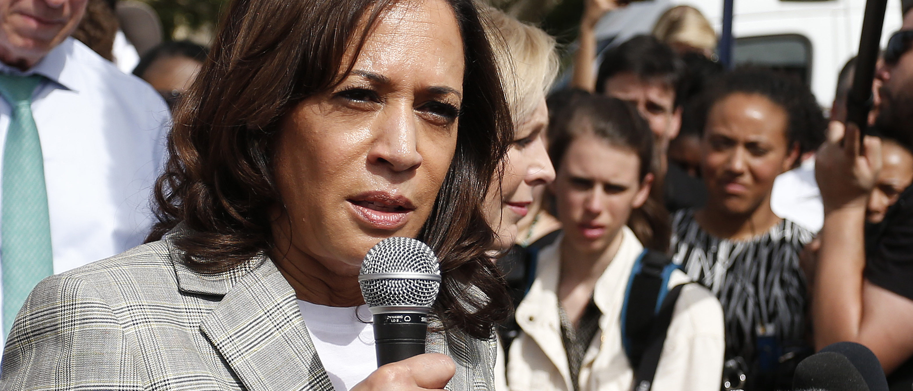 Democratic presidential hopeful Kamala Harris addresses the media about migrant children in front of a detention center in Homestead, Florida on June 28, 2019. (Photo credit should read RHONA WISE/AFP/Getty Images)