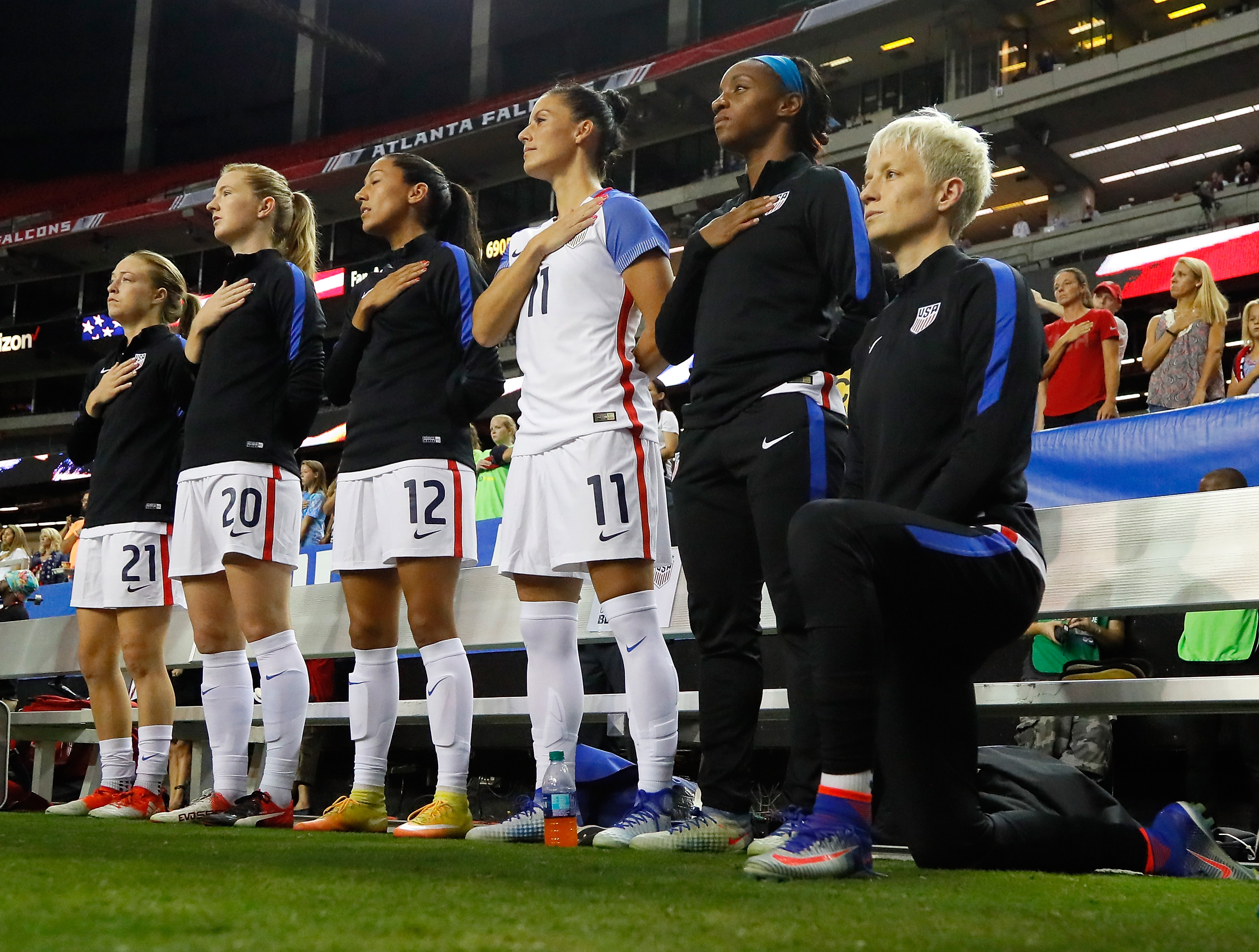 Megan Rapinoe #15 kneels during the National Anthem prior to the match between the United States and the Netherlands at Georgia Dome in 2016. (Kevin C. Cox/Getty Images)