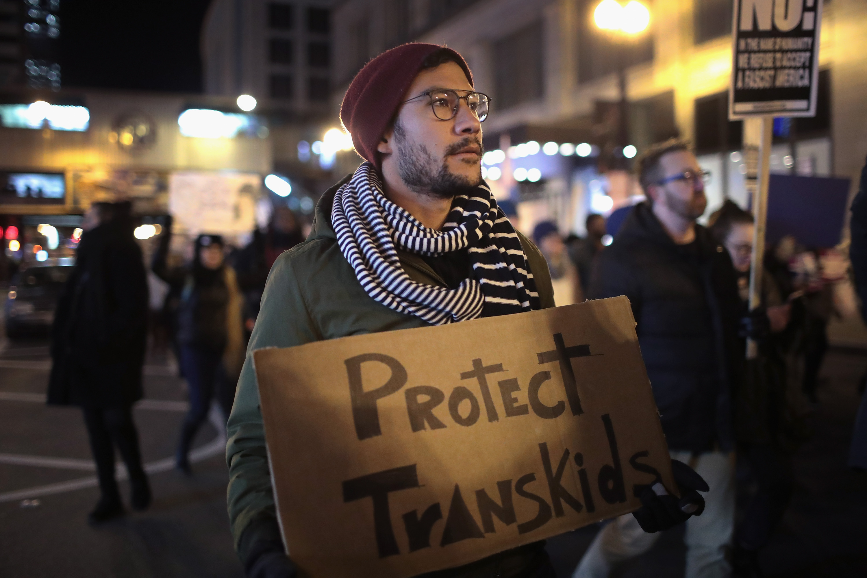 Demonstrators protest for transgender rights with a rally, march through the Loop and a candlelight vigil to remember transgender friends lost to murder and suicide on March 3, 2017 in Chicago, Illinois. (Scott Olson/Getty Images)