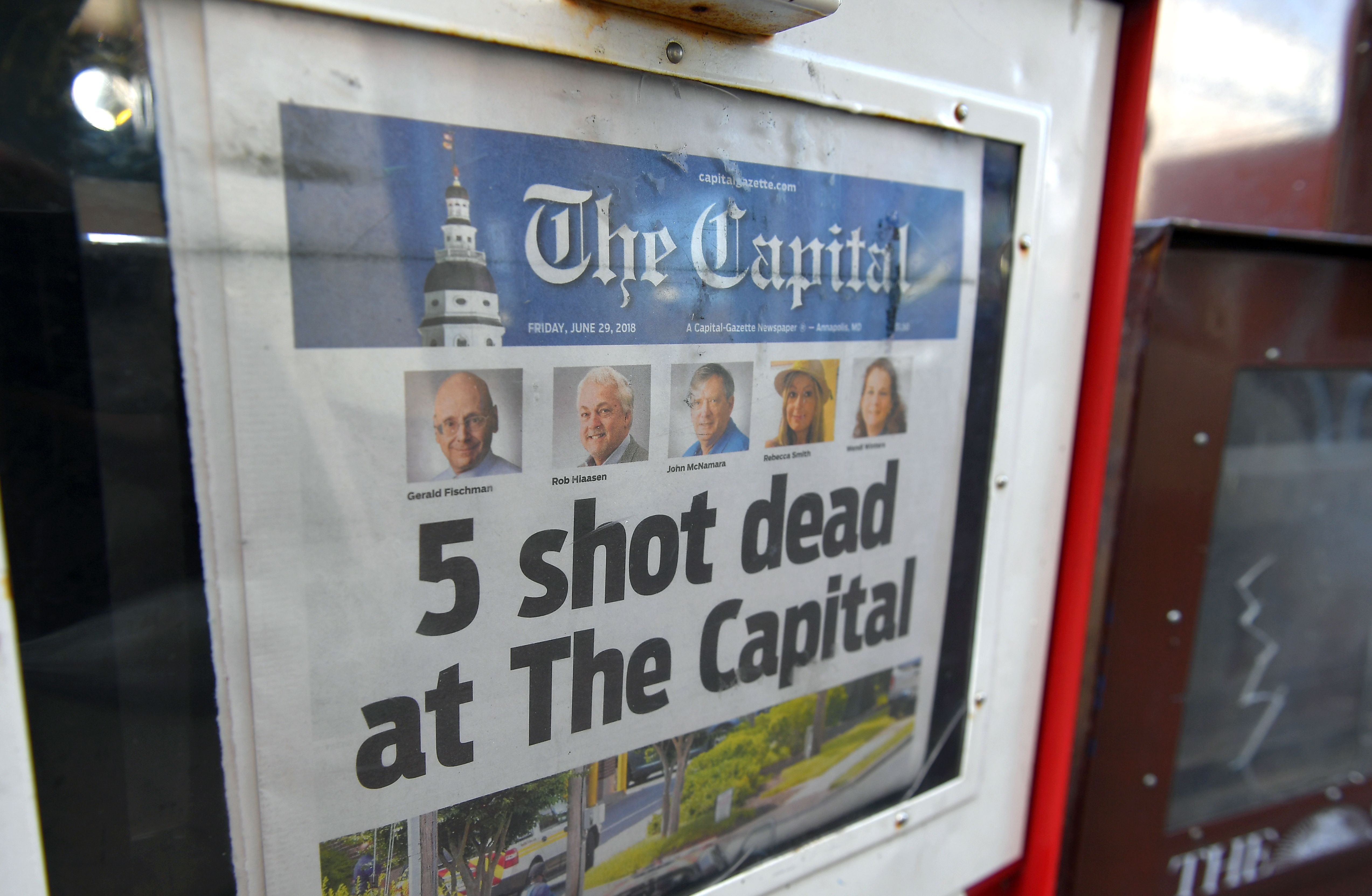 The Capital Gazette of June 29, 2018, is seen in a newspaper vending box in Annapolis, Maryland. (MANDEL NGAN/AFP/Getty Images)
