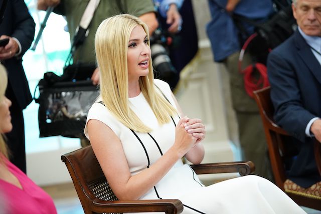 Ivanka Trump, counselor to the president, speaks as US President Donald Trump listens during a meeting with advisors to receive an update on the fentanyl epidemic in the Oval Office of the White House in Washington, DC on June 25, 2019. (Photo credit: MANDEL NGAN/AFP/Getty Images)