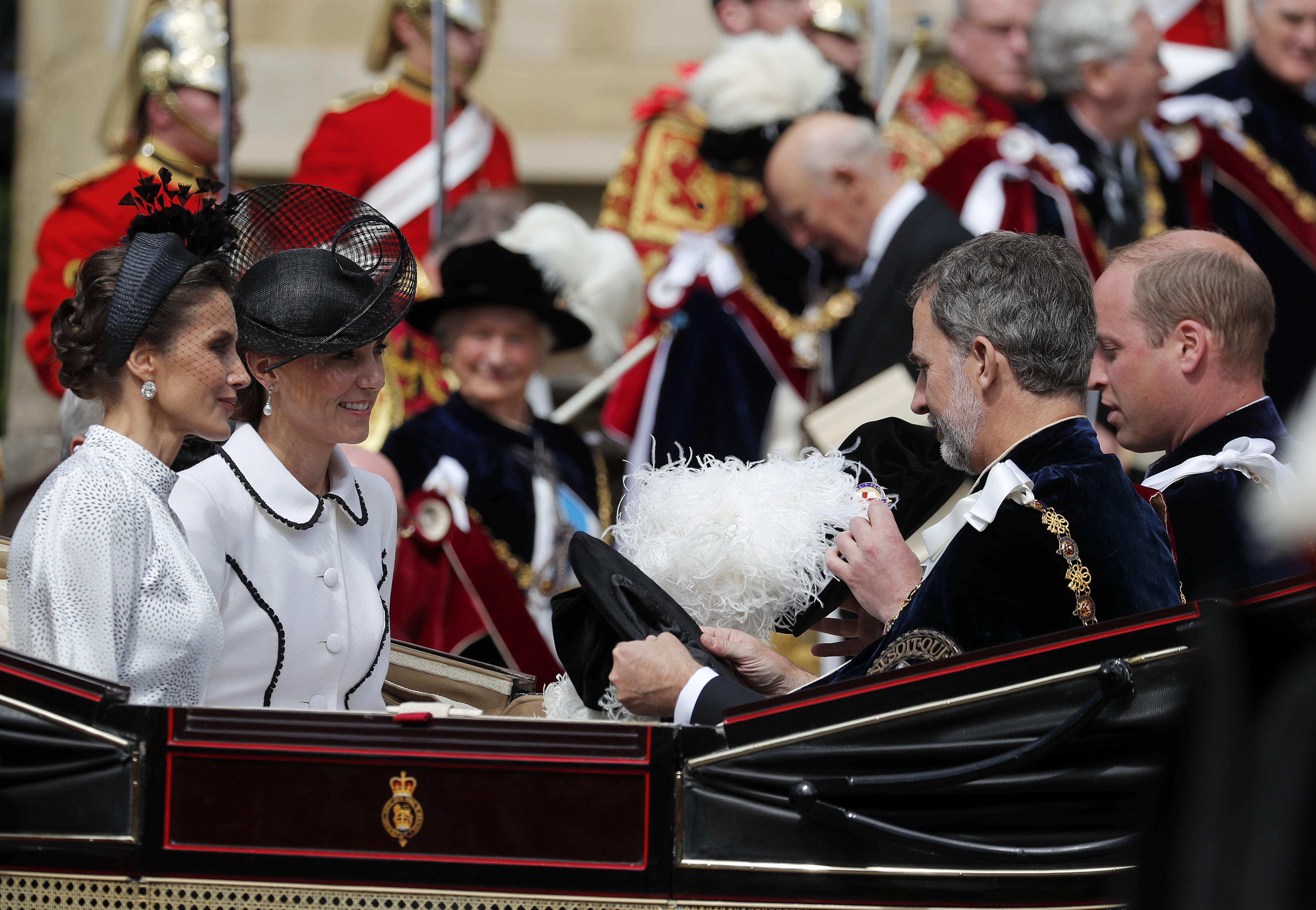Queen Letizia of Spain, Catherine, Duchess of Cambridge, Prince William, Duke of Cambridge and King Felipe of Spain leave the Order of the Garter Service on June 17, 2019 in Windsor, England. The Order of the Garter is the senior and oldest British Order of Chivalry, founded by Edward III in 1348. The Garter ceremonial dates from 1948, when formal installation was revived by King George VI for the first time since 1805. (Photo by Frank Augstein - WPA Pool/Getty Images)
